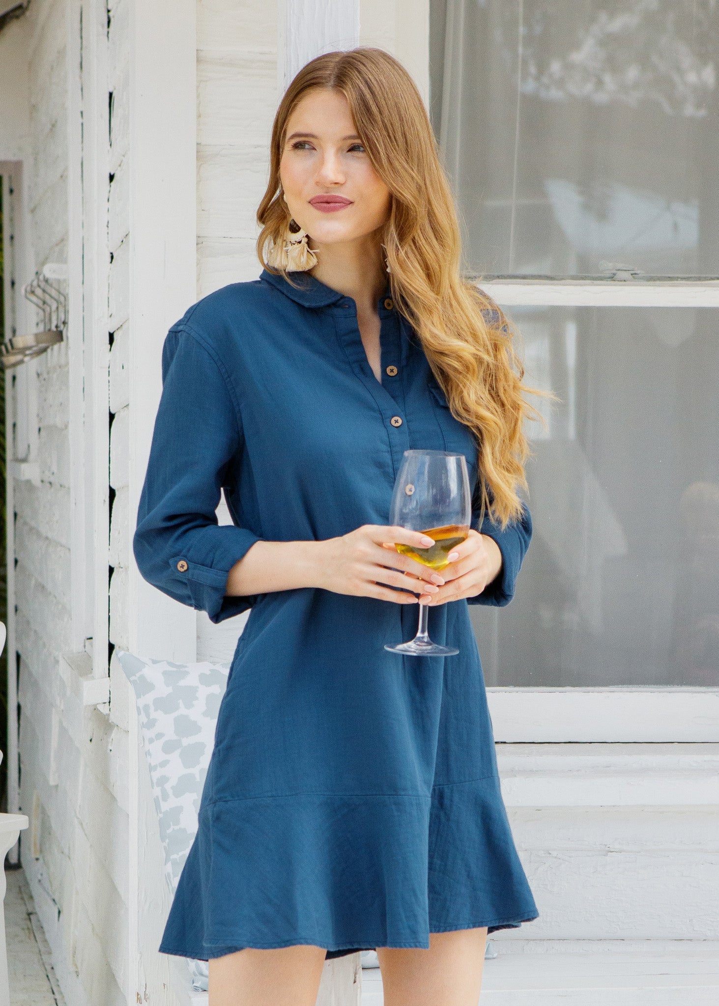harbor blue dress Cabana Life - Gauze Button Front Shirt - Gold Tommy Hilfiger V-Neck Sheer short formal dresses Color:BAHAMA BLUE Ladies everywhere will be