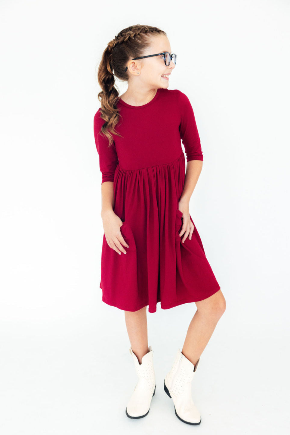 burgundy 3/4 sleeve dress Hayden Velvet Off The Shoulder 3/4 Sleeve Ruffle Dress