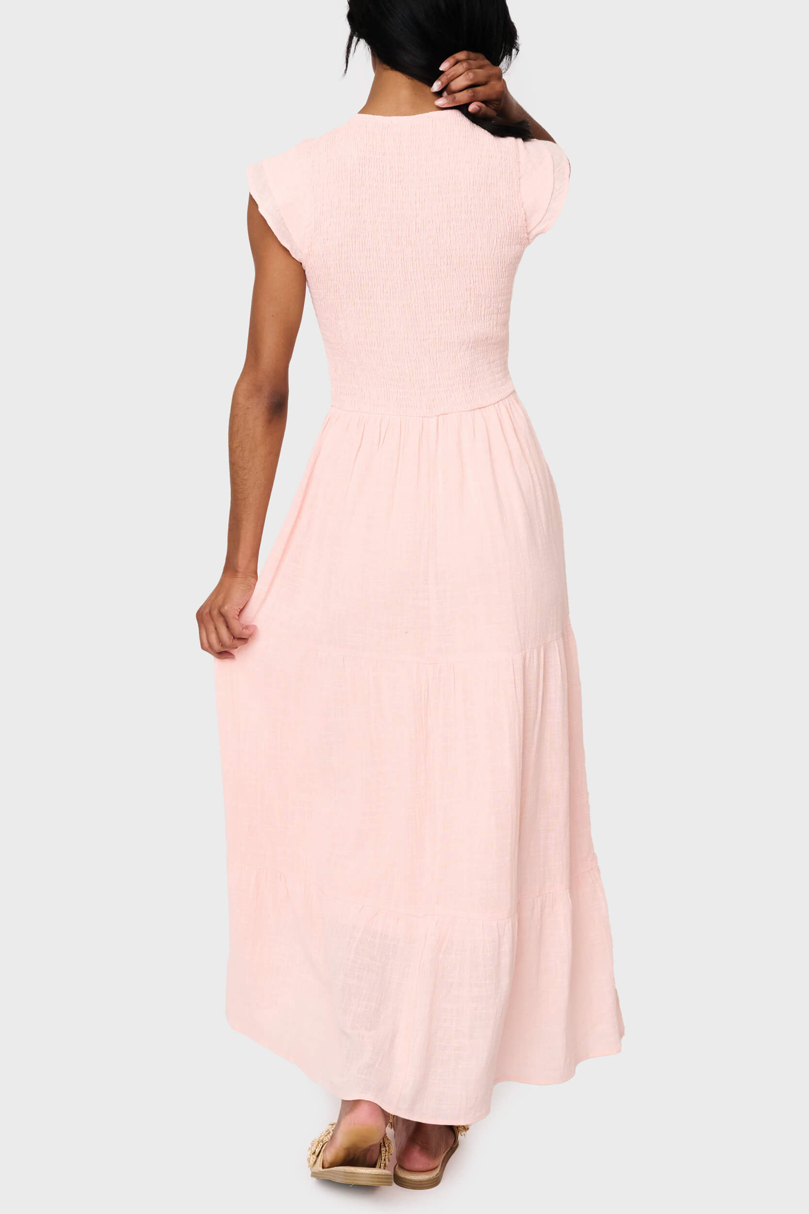 Flutter Sleeve Smocked V-neck Tiered Maxi Dress