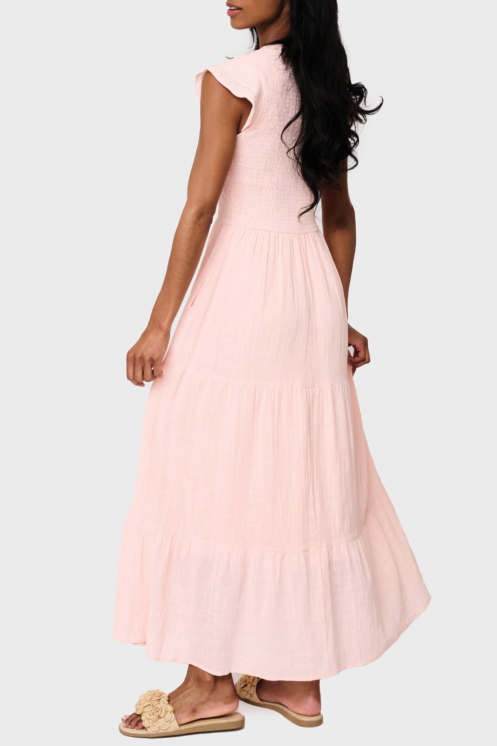 Flutter Sleeve Smocked V-neck Tiered Maxi Dress