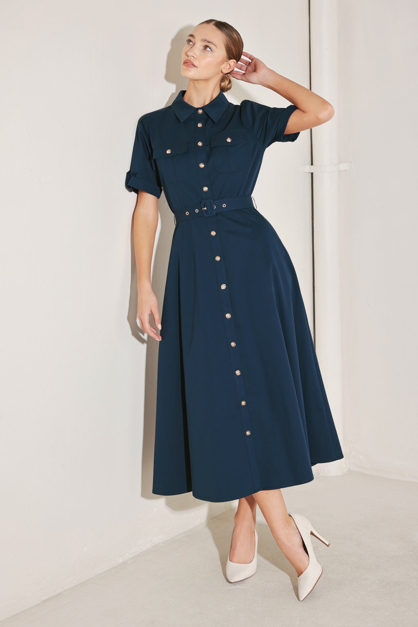 midi classic dress for women AUTHORITY WOVEN DRESS, NAVY / L elegant evening cocktail dresses