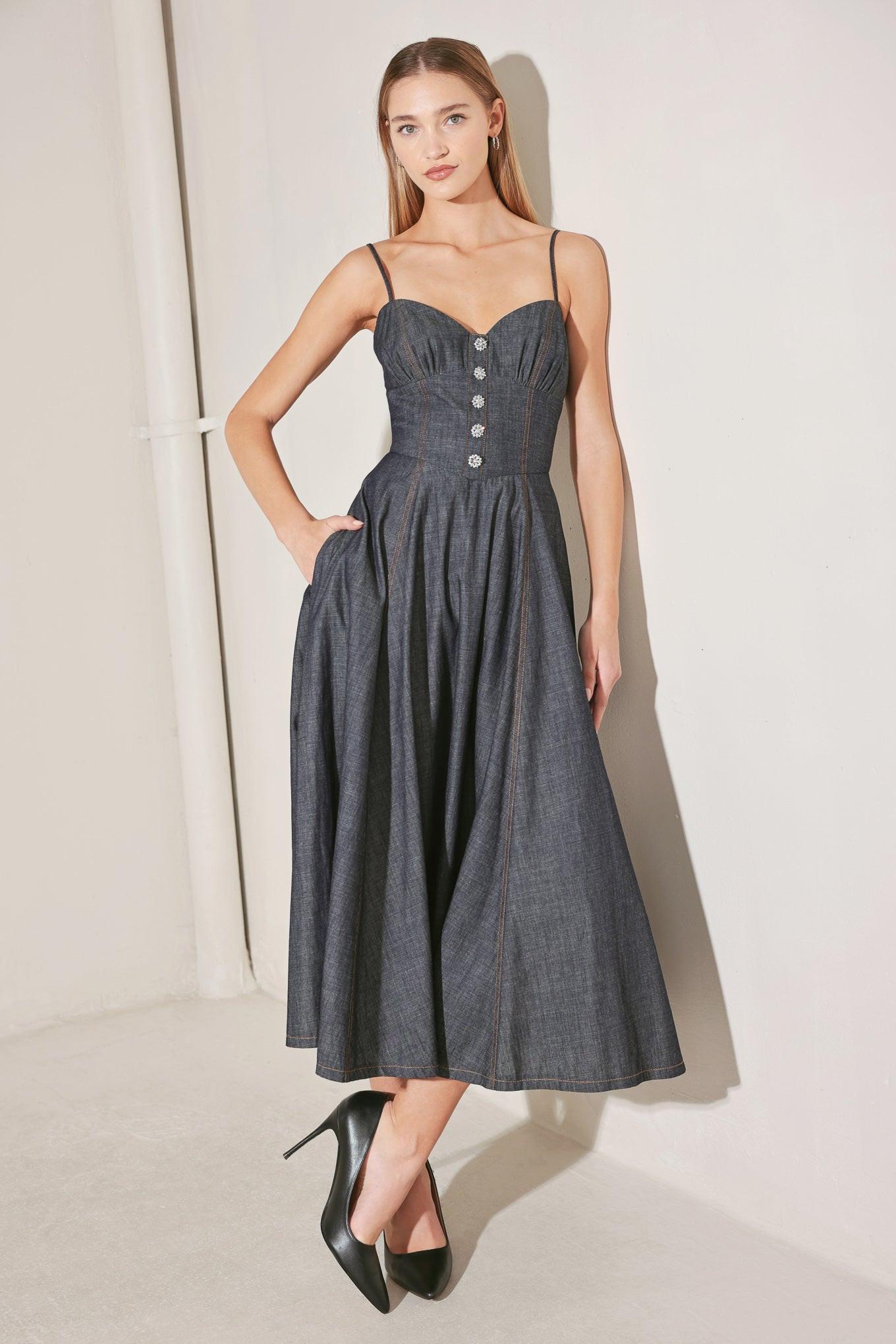 dark denim midi dress AFTER HOURS SERENADE L FREEMARKET DENIM / L SCHL004871_BL Details + Fit color:BLACK - Black/White Kate Middleton stuns in