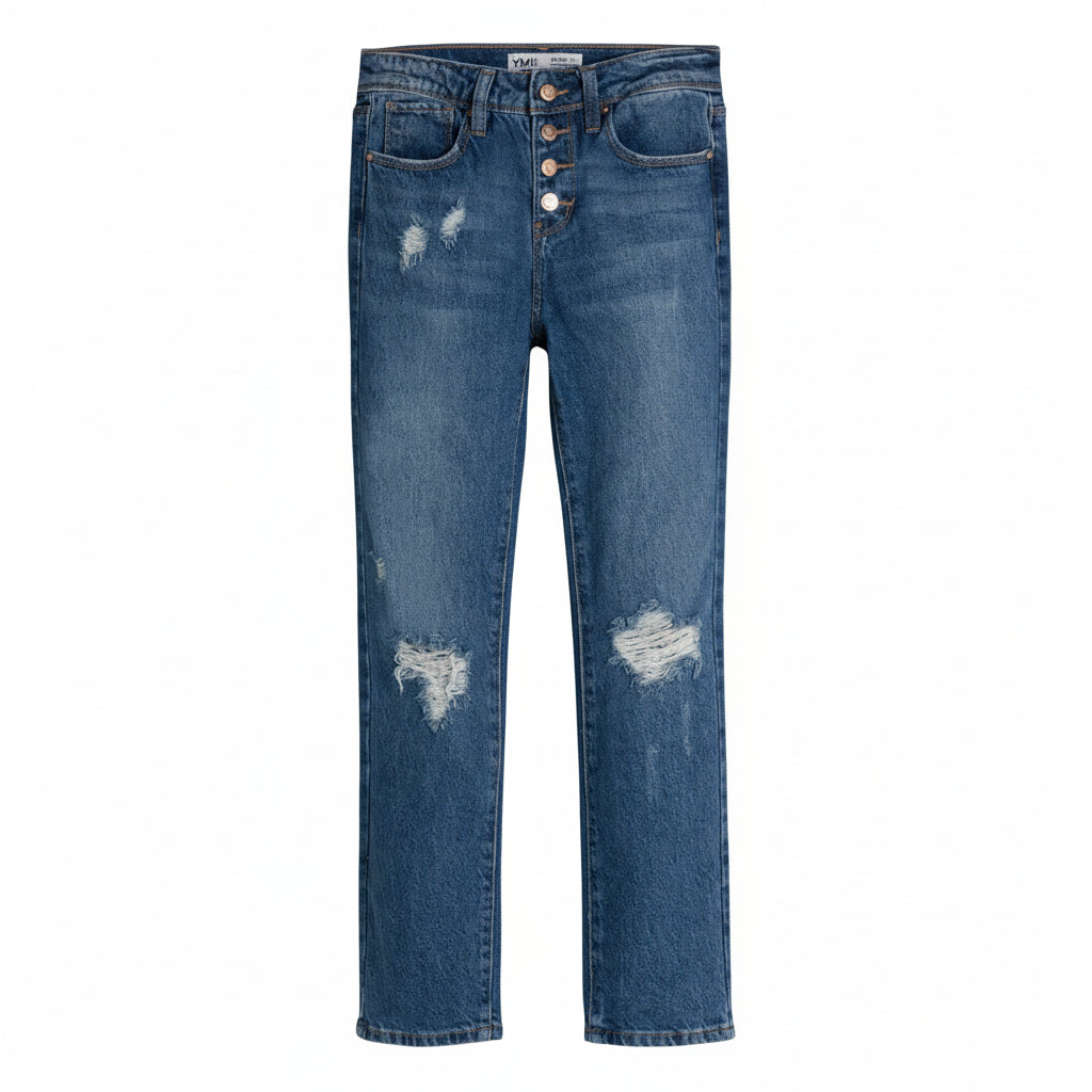 Blue jeans with distressing on a light gray background