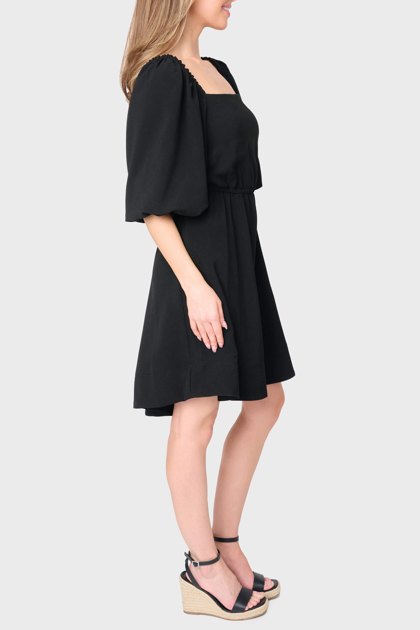 Balloon Sleeved Square Neck Crepe Dress