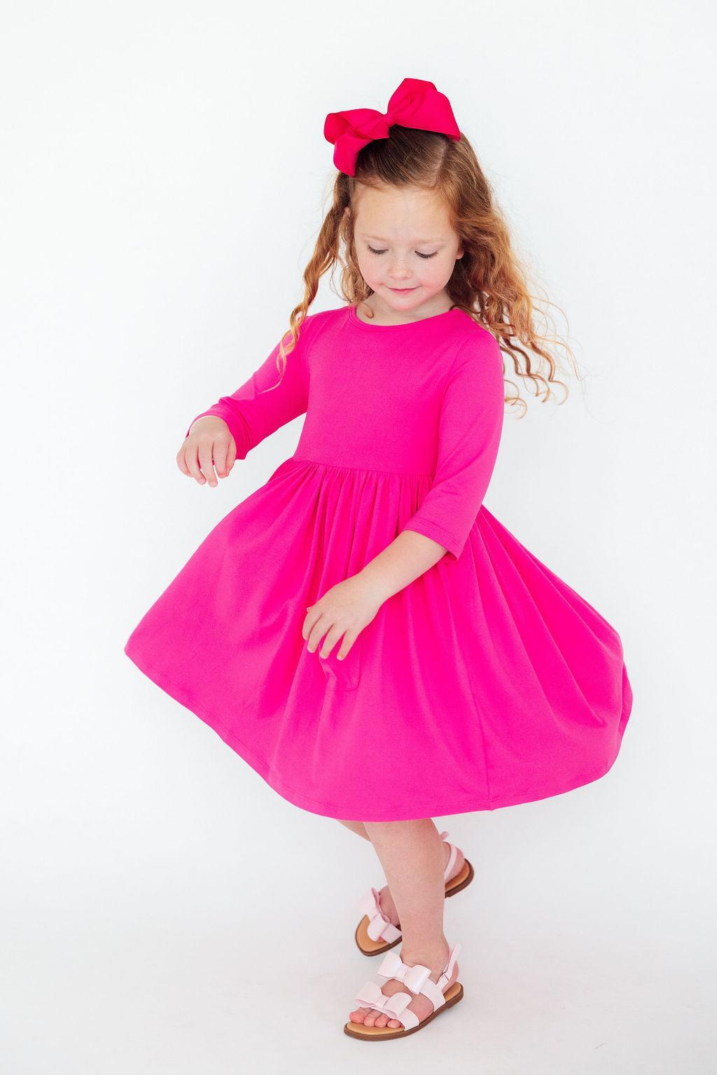 hot pink 3/4 sleeve dress Pocket Twirl Ladies dresses