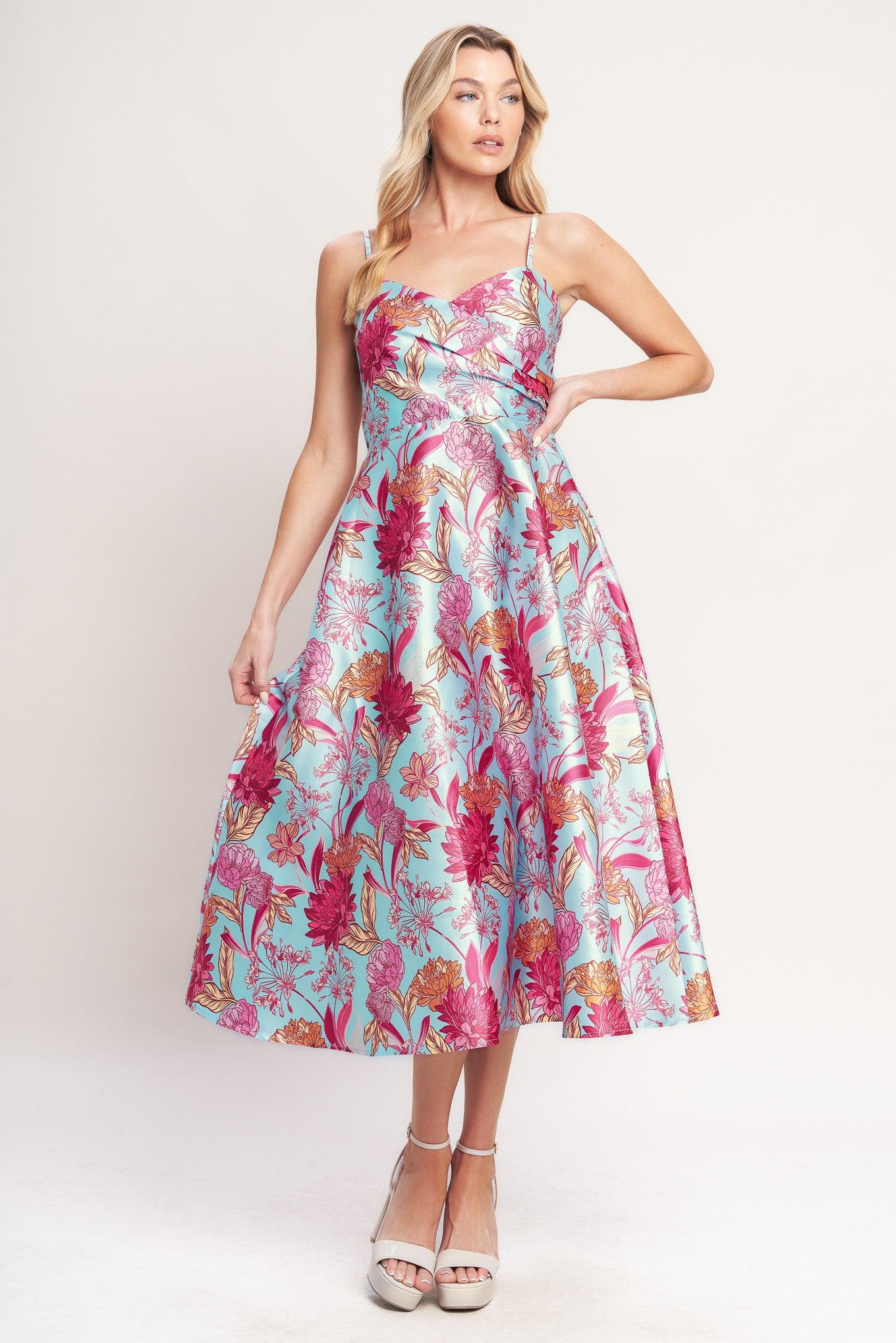 FLYING TOMATO Floral Satin Midi Dress in Light Blue at Nordstrom Rack, Size Large