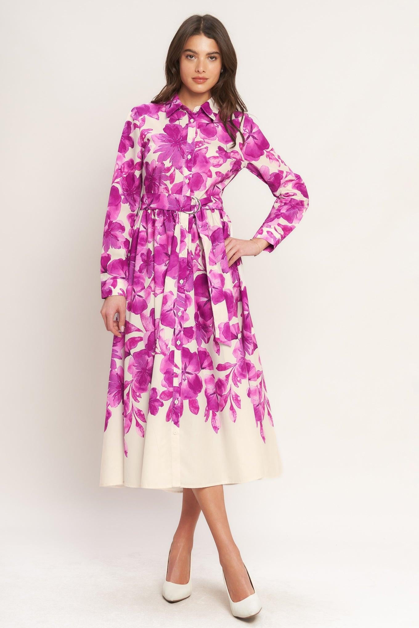 berry midi dress with sleeves BERRY PETAL WOVEN MIDI SHIRT DRESS, Flying Tomato (online only) IVORY FUCHSIA FLORAL / M