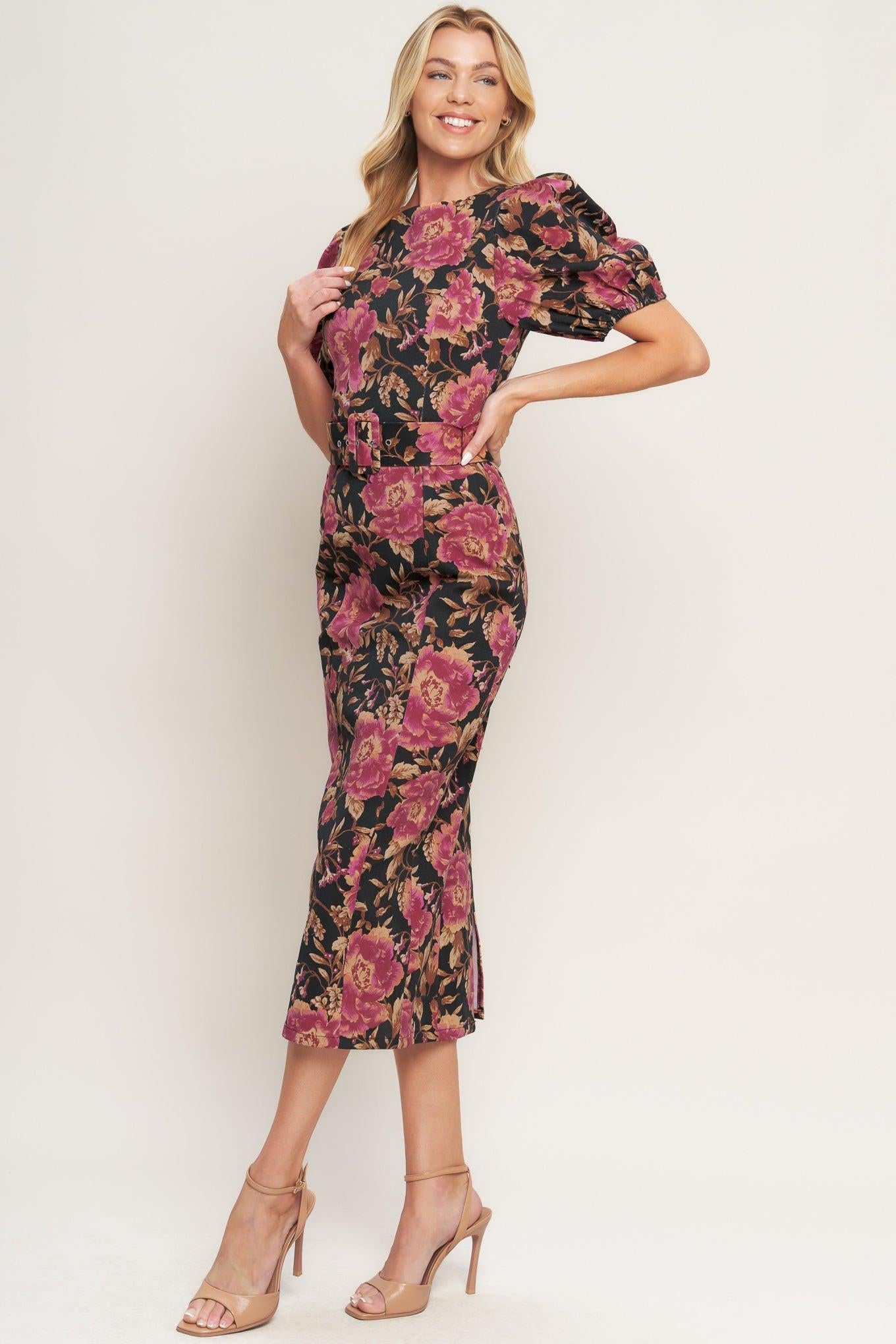 GOTHIC ROSE WOVEN MIDI DRESS, Black / S
