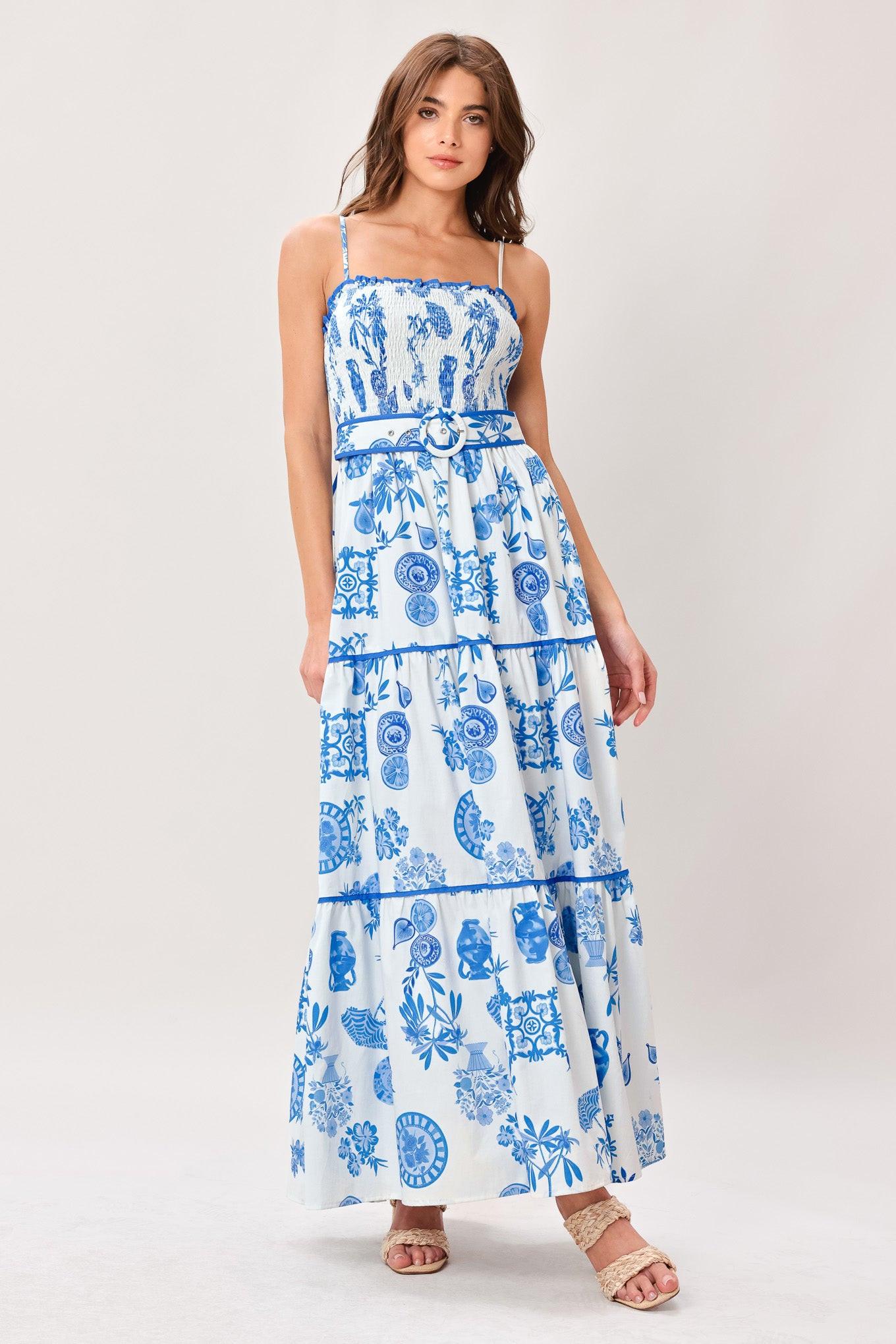 FLYING TOMATO Mixed Print Tiered Cotton Maxi Dress in Ivory Blue at Nordstrom, Size Small