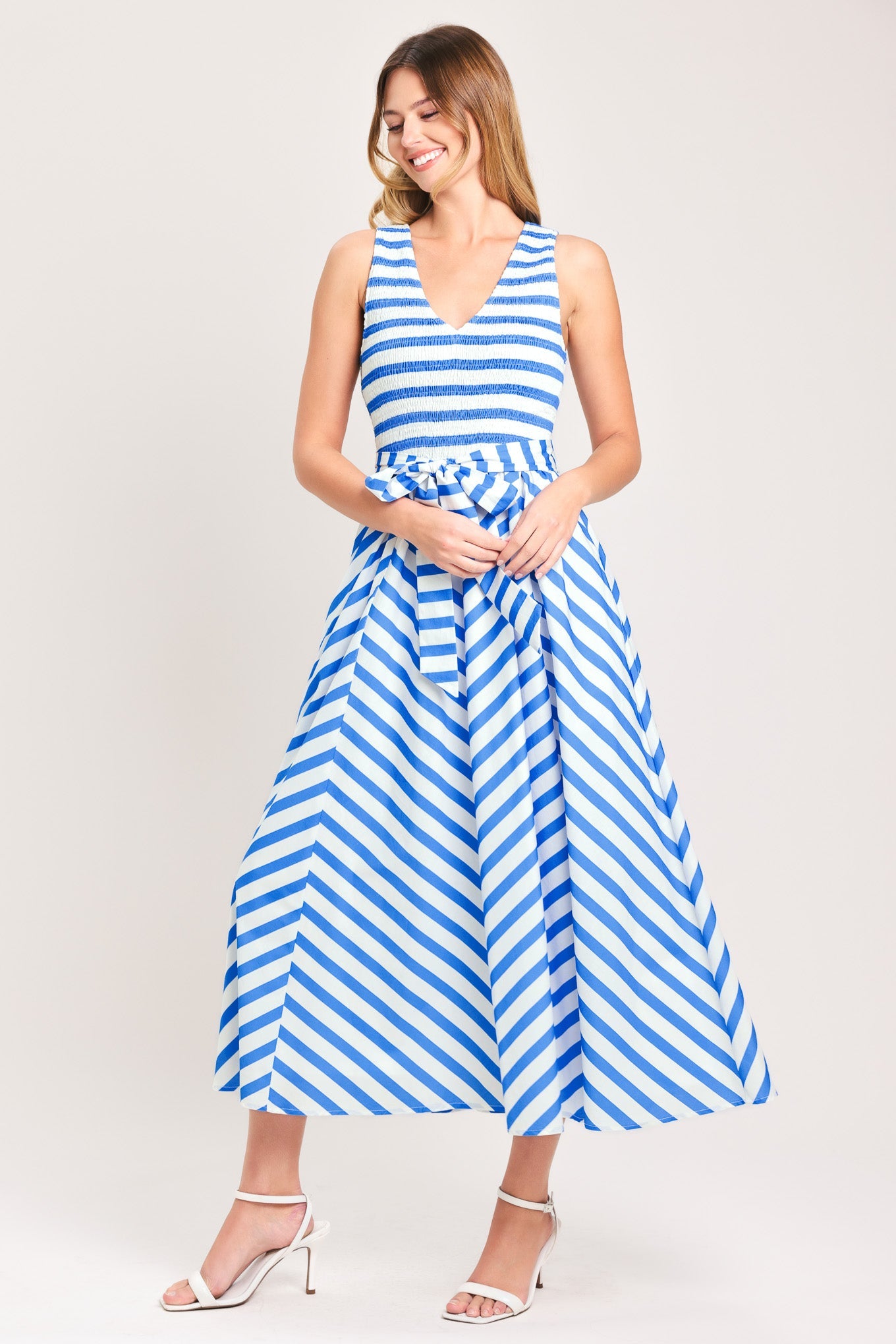 serena midi dress BLUE SERENA WOVEN MIDI DRESS IVORY BLUE / M