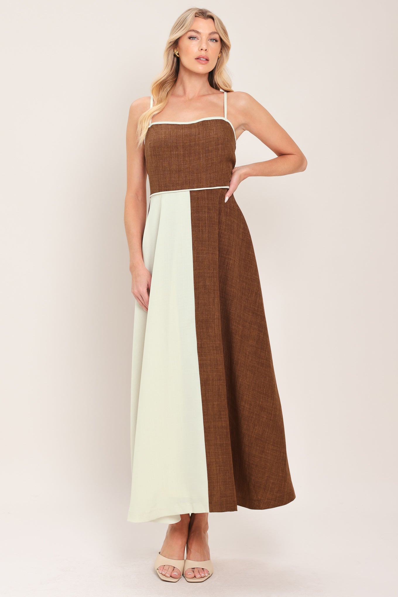 sienna midi dress SIENNA FORM WOVEN MIDI DRESS BEIGE BROWN / M