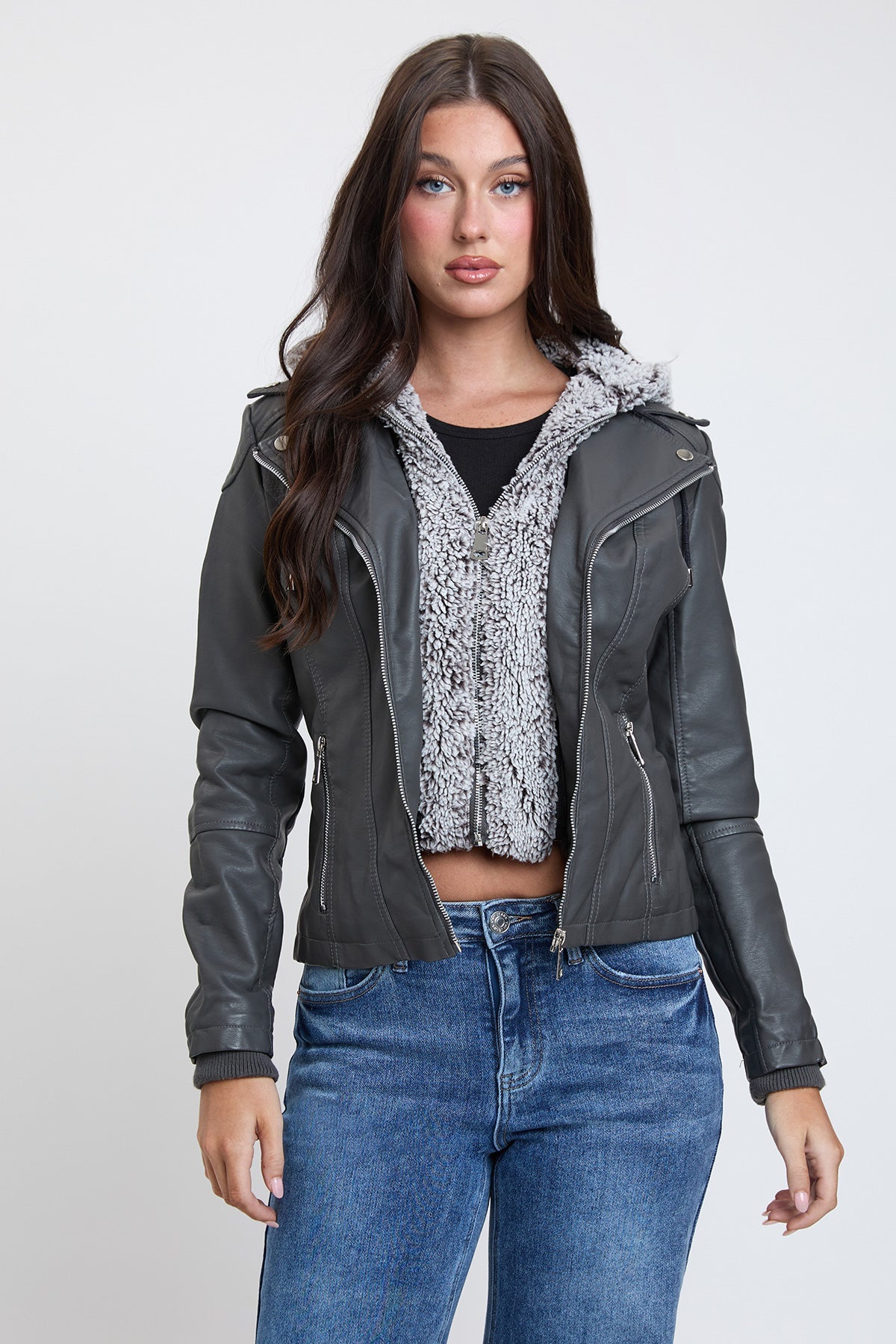 Women's Motto Faux Leather Jacket With Fur Lining
