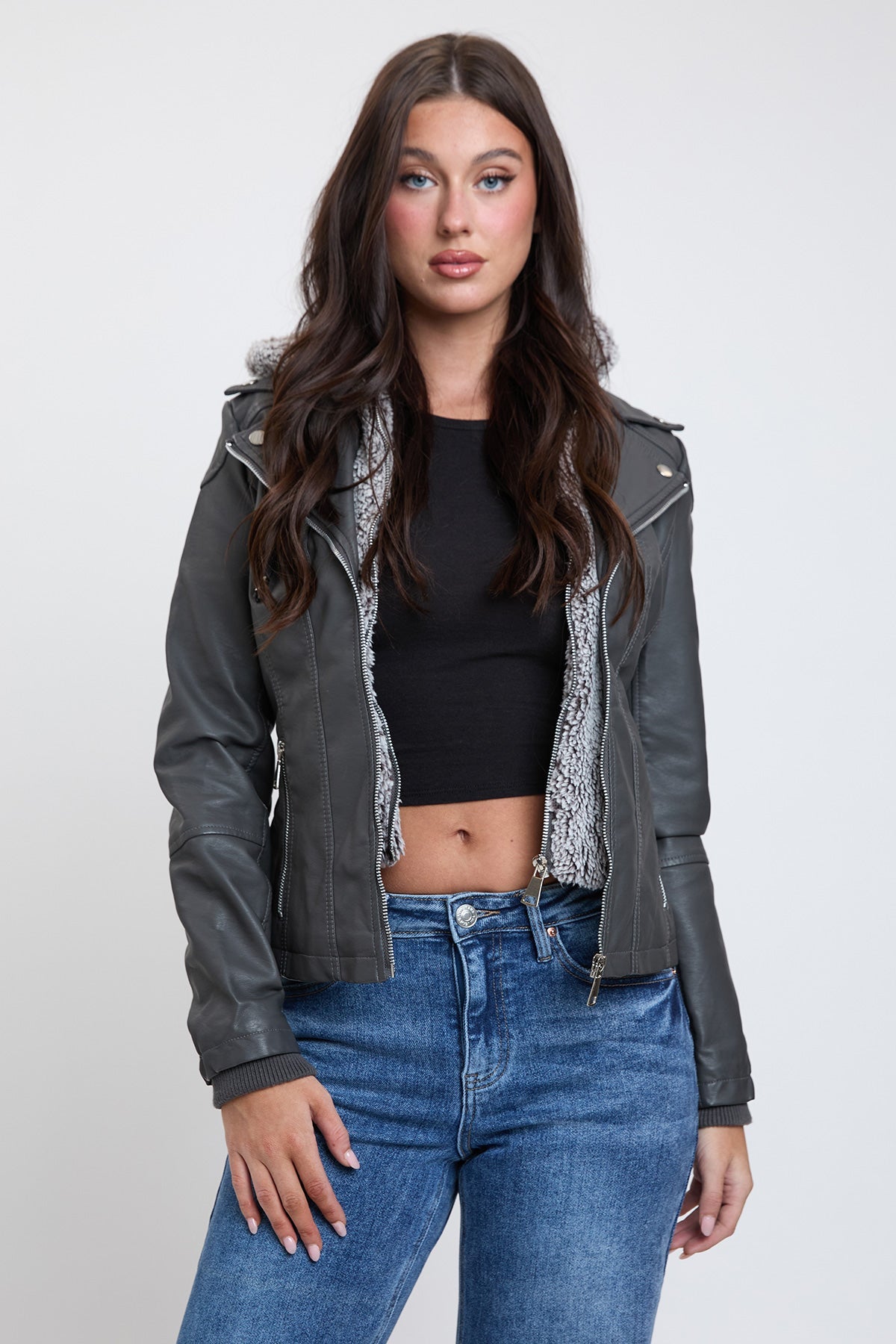 Women's Motto Faux Leather Jacket With Fur Lining