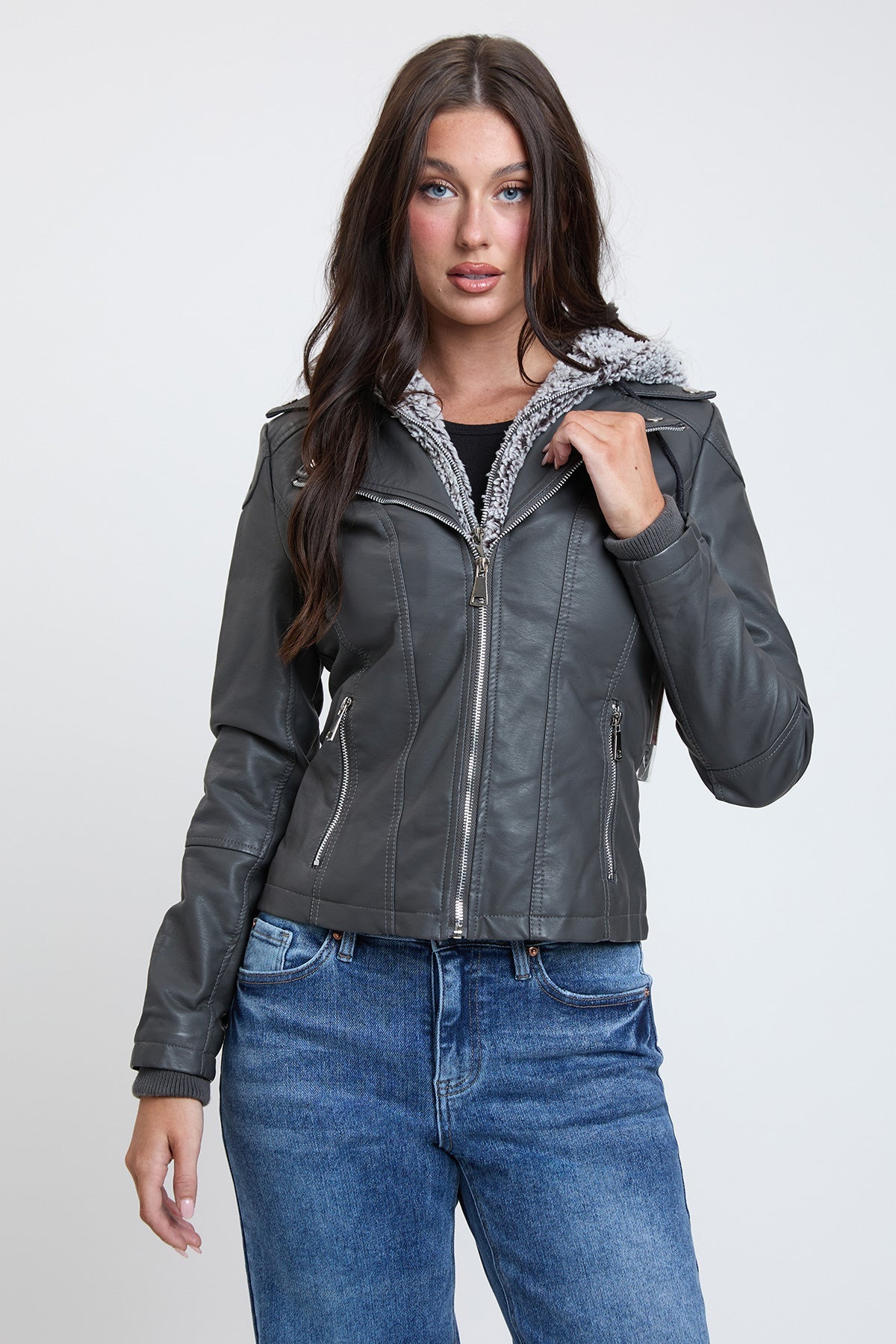 Women's Motto Faux Leather Jacket With Fur Lining