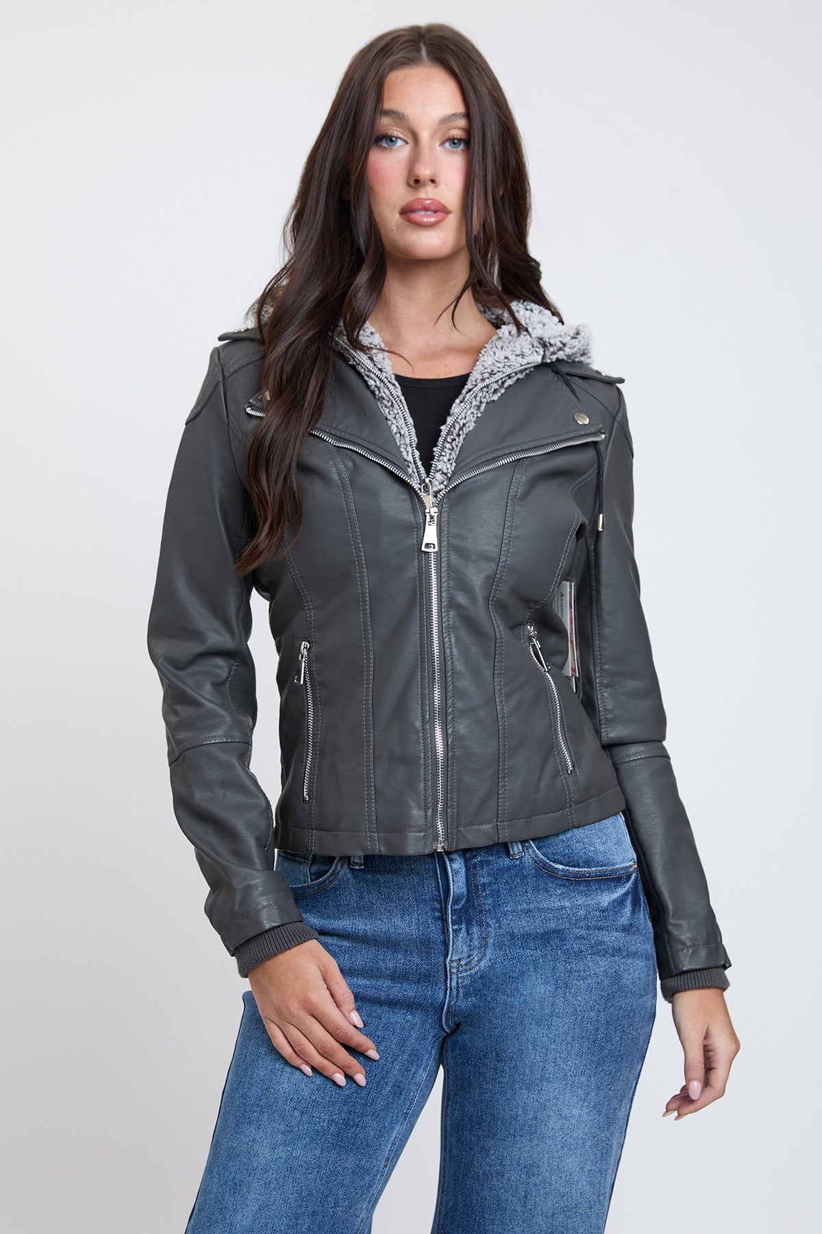 Women's Motto Faux Leather Jacket With Fur Lining