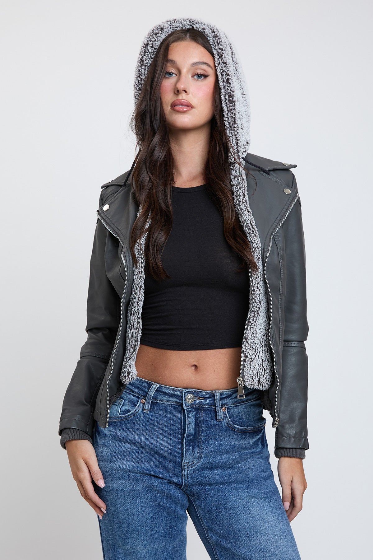 Women's Motto Faux Leather Jacket With Fur Lining