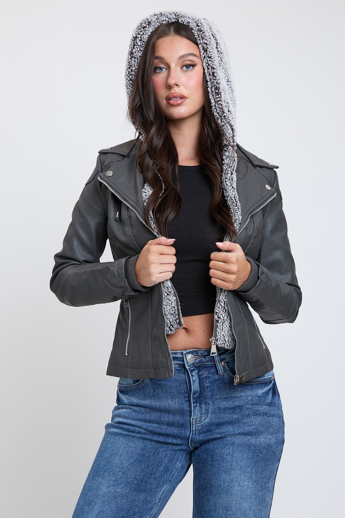 Women's Motto Faux Leather Jacket With Fur Lining