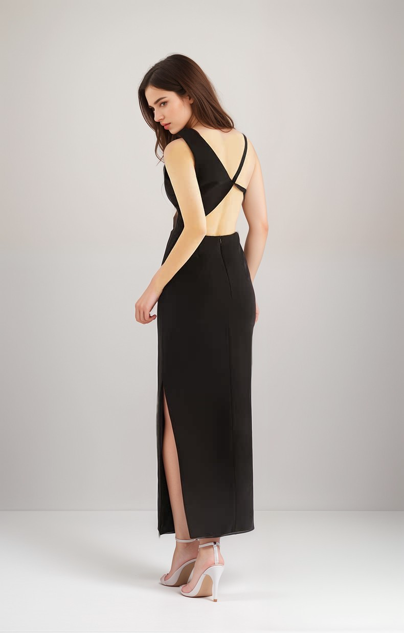 Asymmetrical geometric concept hallowed back pencil skirt satin prom dress Custom / Black