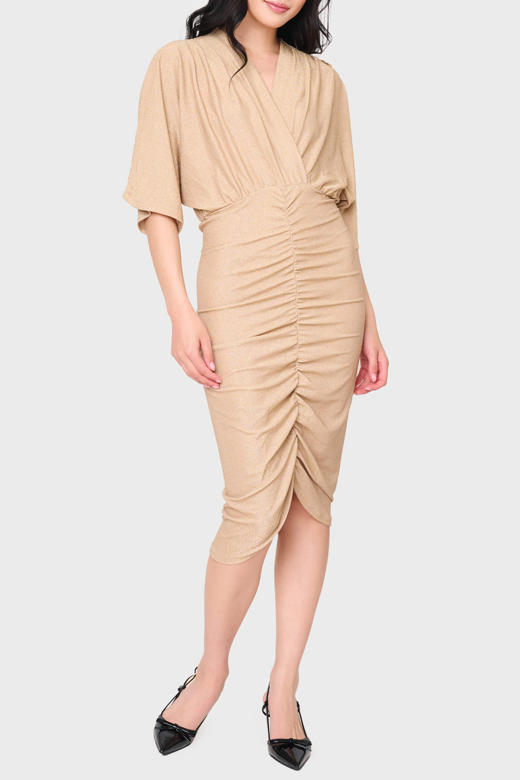 surplice knit dress Graceful Feather Trim Surplice Neck Knit Dress in Sand