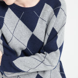 Pure Cashmere Jacquard Pattern Round Neck Sweater w/Two-Tone (Mia 12)