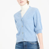 Pure Cashmere 2 ply Short Sleeve V-Neck Cardigan w/Ribbed Stitching (Mia 13)