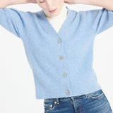 Pure Cashmere 2 ply Short Sleeve V-Neck Cardigan w/Ribbed Stitching (Mia 13)