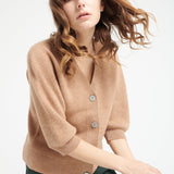 Pure Cashmere 2 ply Short Sleeve V-Neck Cardigan w/Ribbed Stitching (Mia 13)