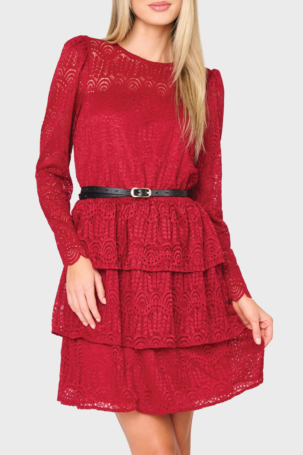 red lace tiered dress Red Lace V-Neck Tiered Trumpet Prom Dress