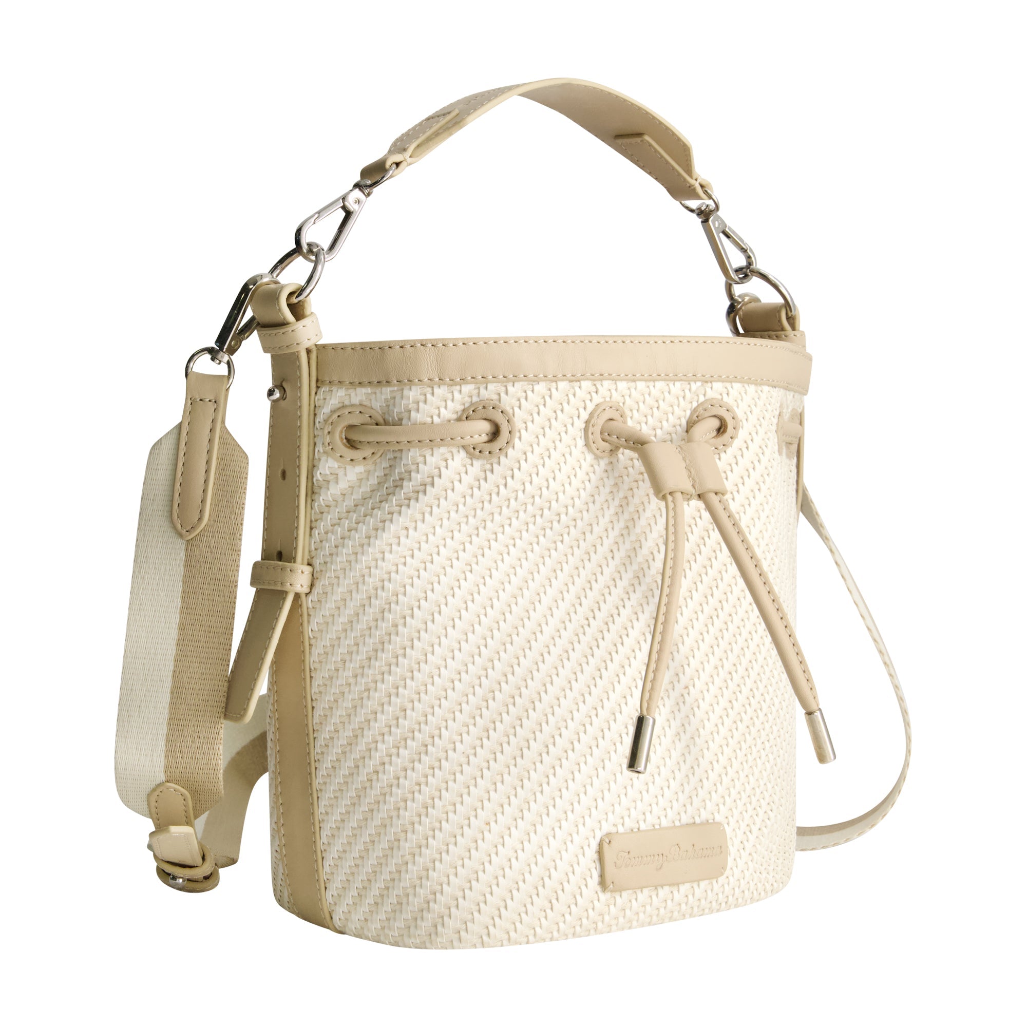 Tommy Bahama Soft Woven Drawstring Bucket Bag, Tan/white
