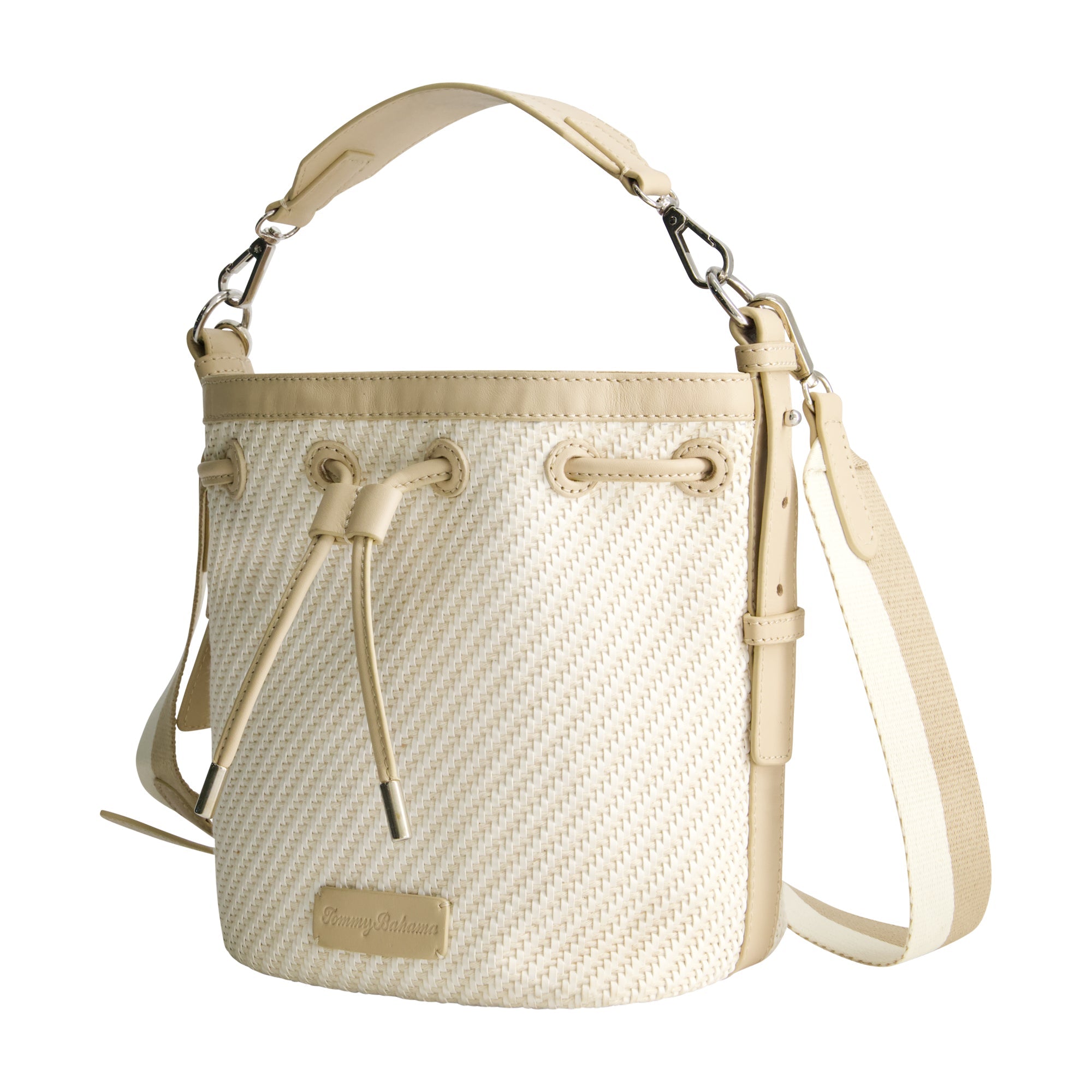 Tommy Bahama Soft Woven Drawstring Bucket Bag, Tan/white