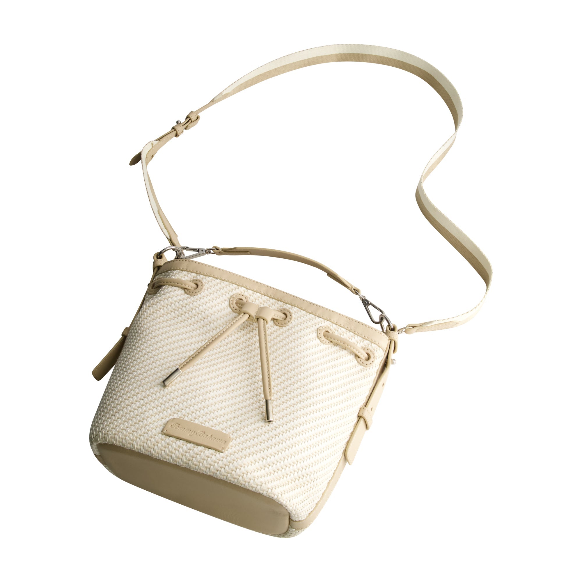 Tommy Bahama Soft Woven Drawstring Bucket Bag, Tan/white