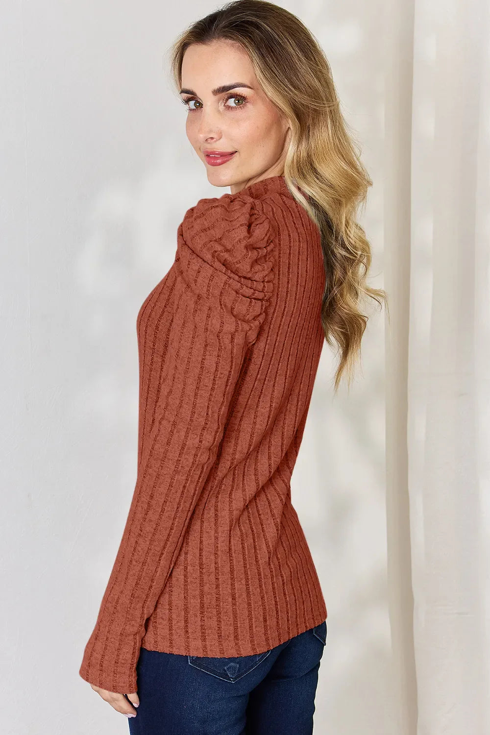 Basic Bae Full Size Ribbed Mock Neck Puff Sleeve T-shirt | Includes Plus Size