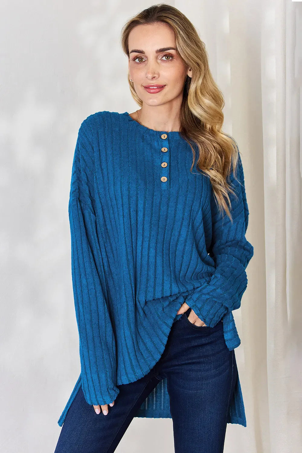 Basic Bae Full Size Ribbed Half Button Long Sleeve High-low Knit Top | Includes Plus Size