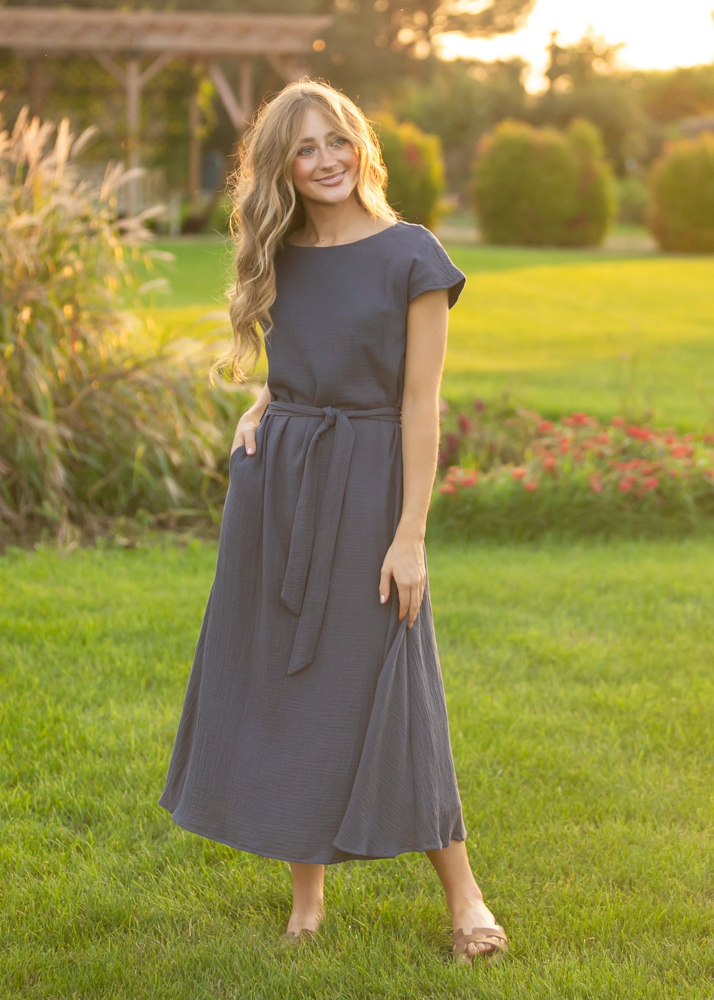 gauze dress midi Lily Navy Belted Dusty Mauve Size:US 9 (EUR 40) PinkBlush Maternity Clothes |