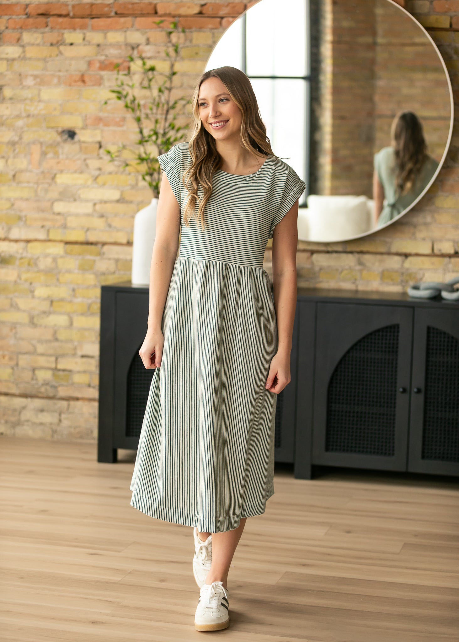 striped a line dress Olivia Green A-line Striped Midi Dress XS