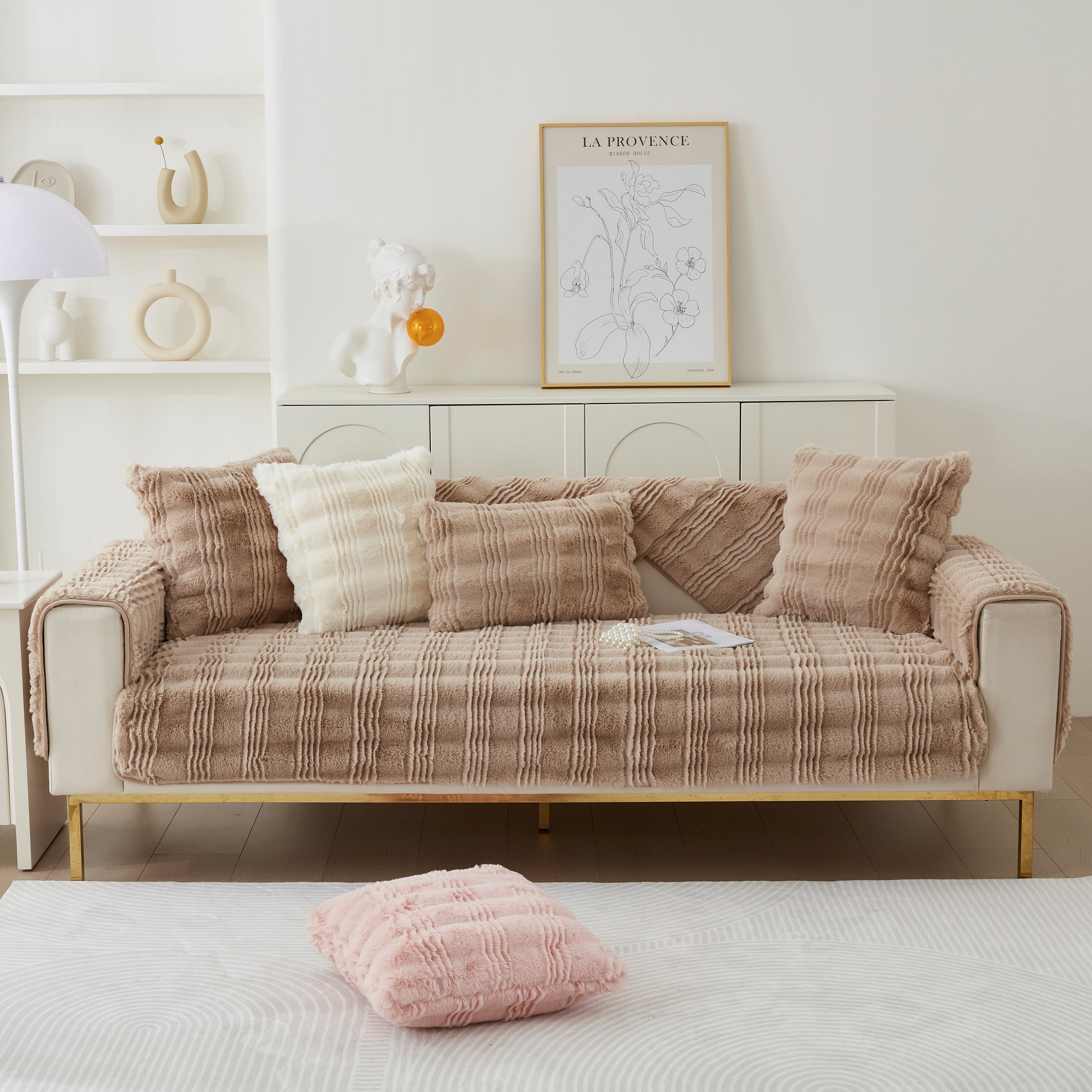 Soft Thick Faux Fur Sofa Cover Stripe Fluffy Fuzzy Non-slip Washable Couch Covers