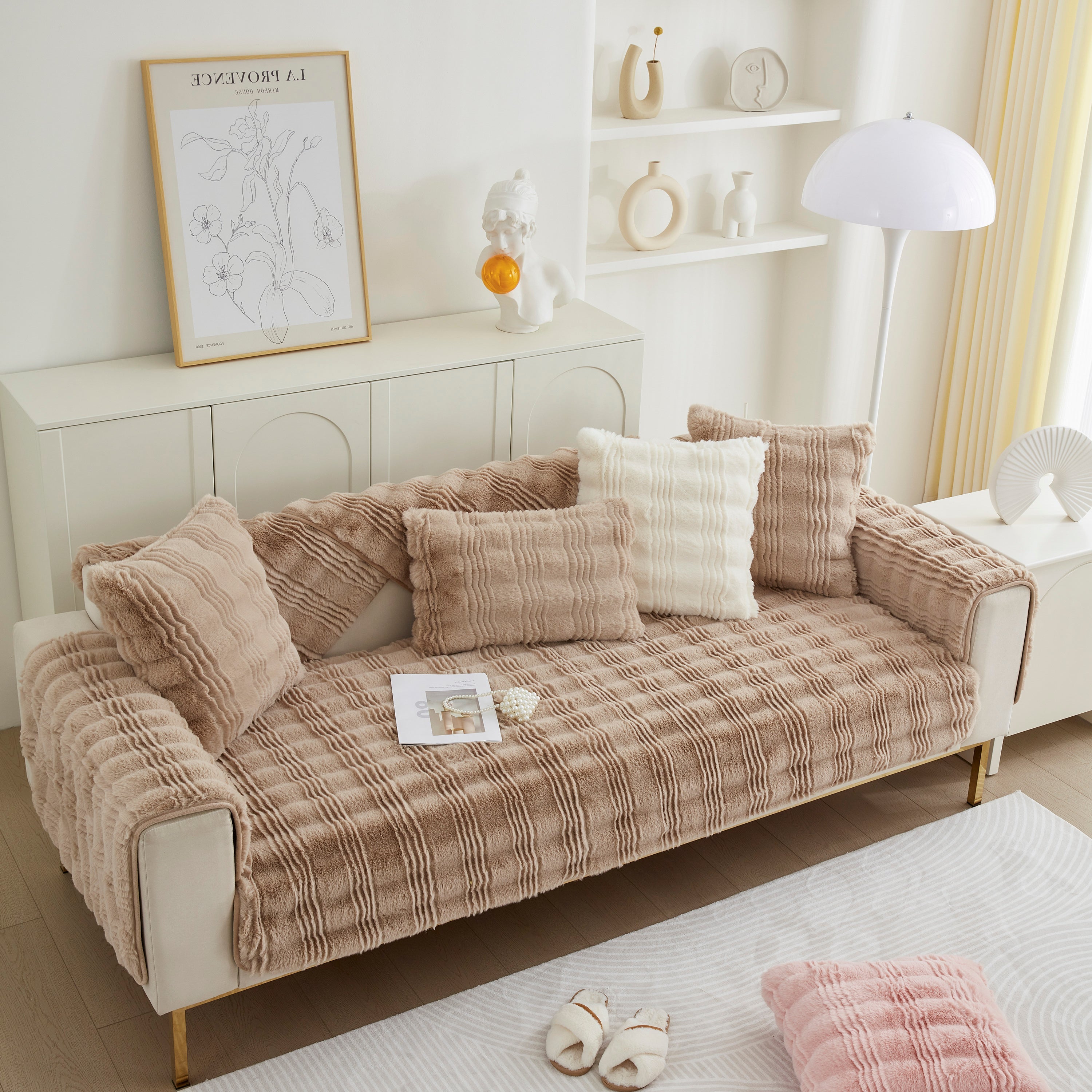 Soft Thick Faux Fur Sofa Cover Stripe Fluffy Fuzzy Non-slip Washable Couch Covers
