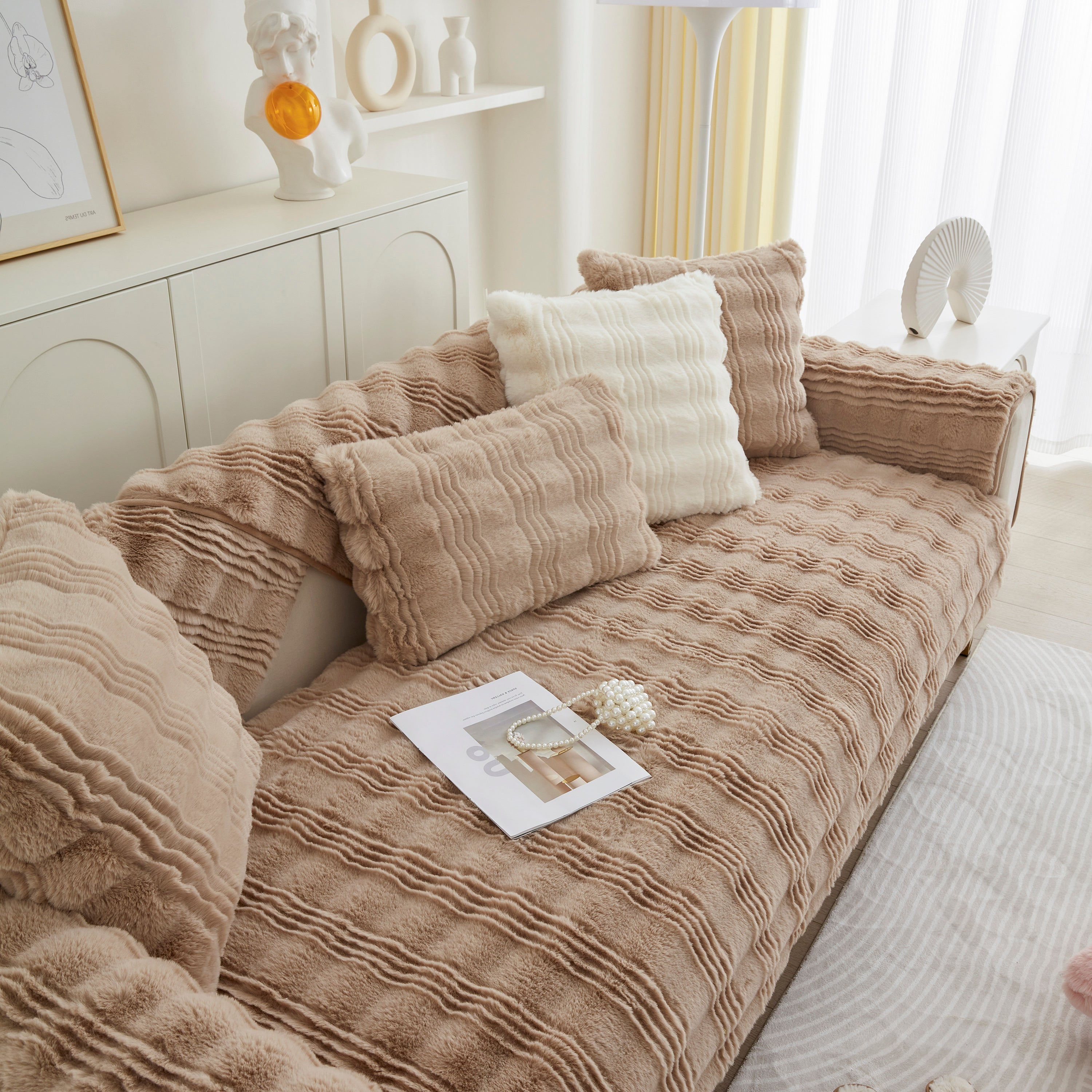 Soft Thick Faux Fur Sofa Cover Stripe Fluffy Fuzzy Non-slip Washable Couch Covers