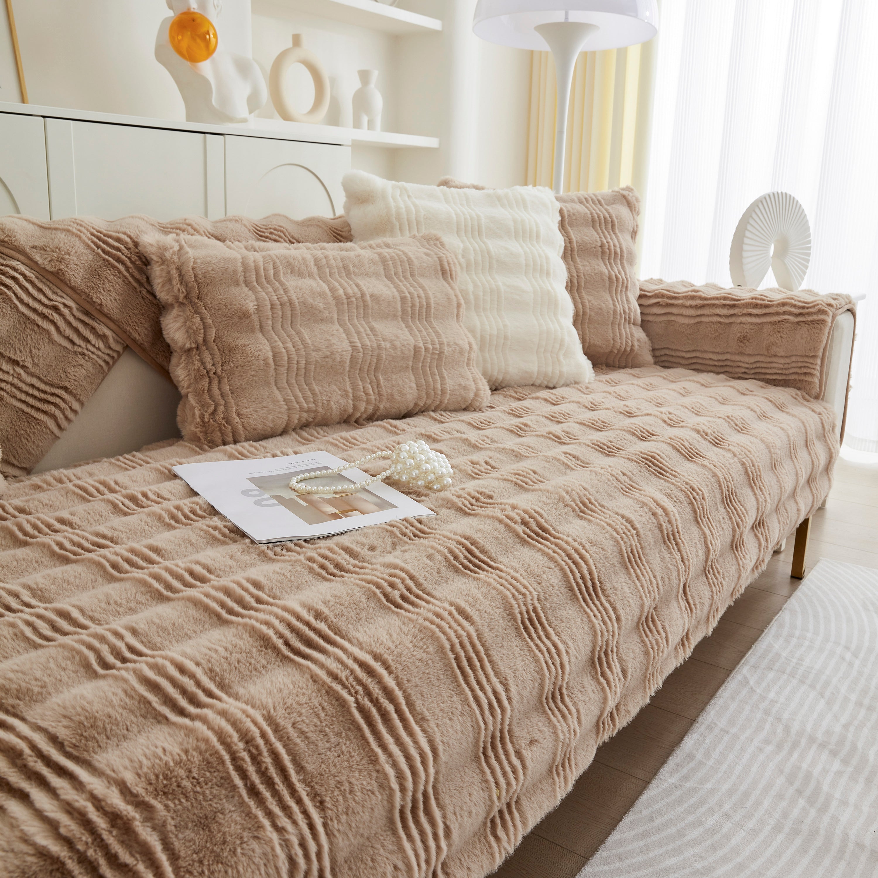 Soft Thick Faux Fur Sofa Cover Stripe Fluffy Fuzzy Non-slip Washable Couch Covers