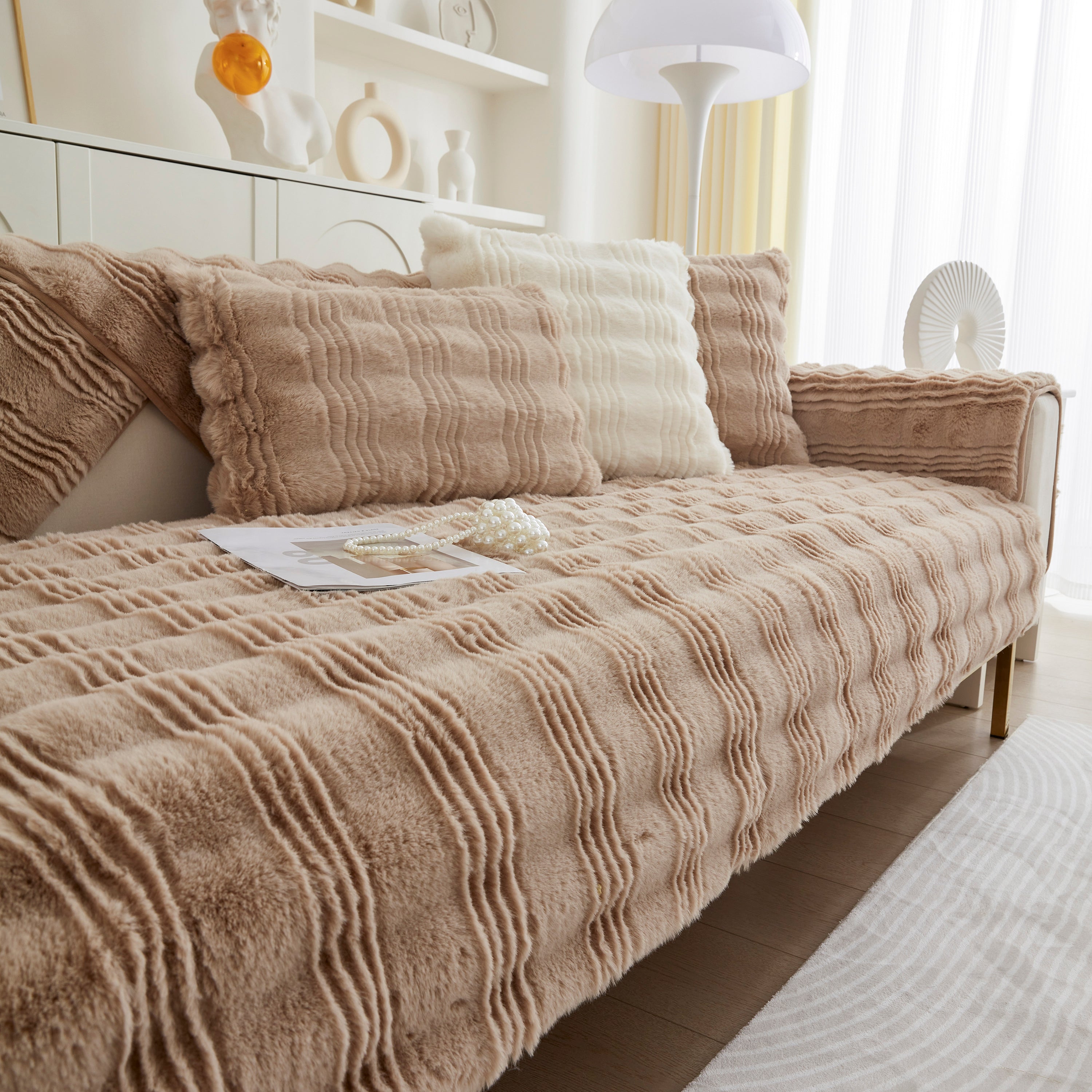 Soft Thick Faux Fur Sofa Cover Stripe Fluffy Fuzzy Non-slip Washable Couch Covers