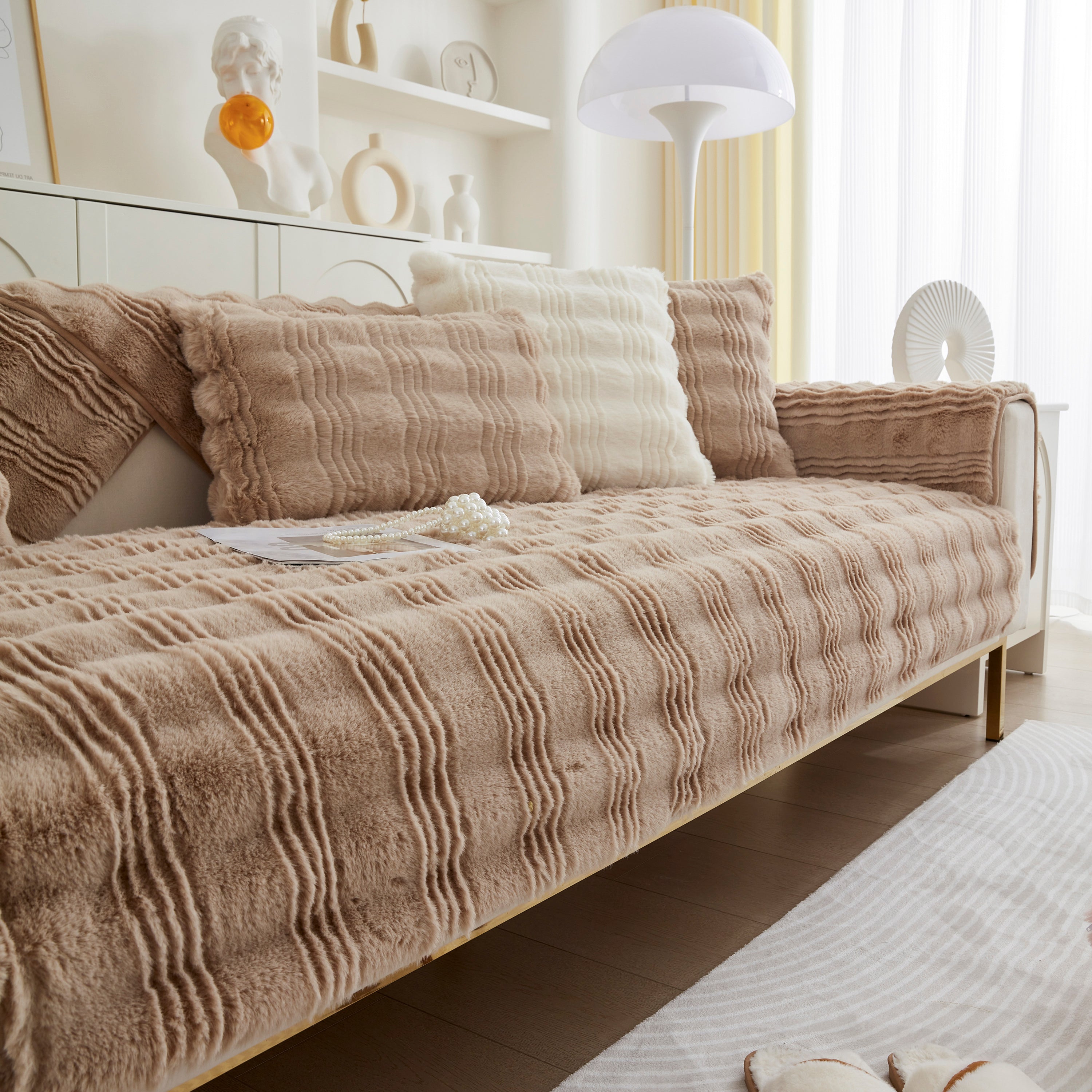 Soft Thick Faux Fur Sofa Cover Stripe Fluffy Fuzzy Non-slip Washable Couch Covers