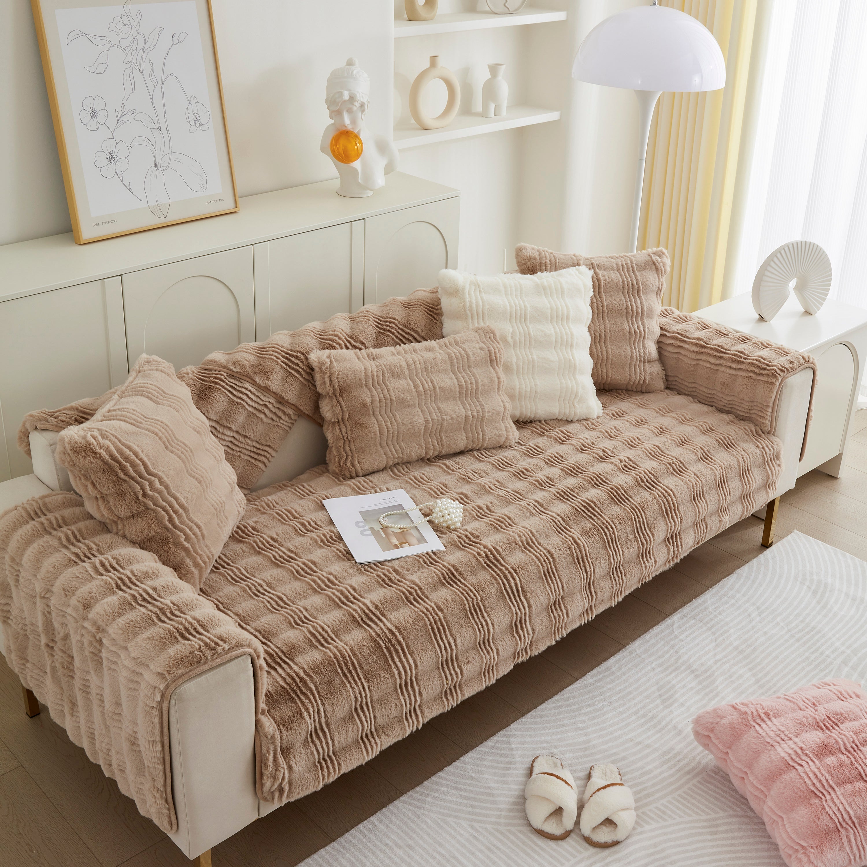 Soft Thick Faux Fur Sofa Cover Stripe Fluffy Fuzzy Non-slip Washable Couch Covers
