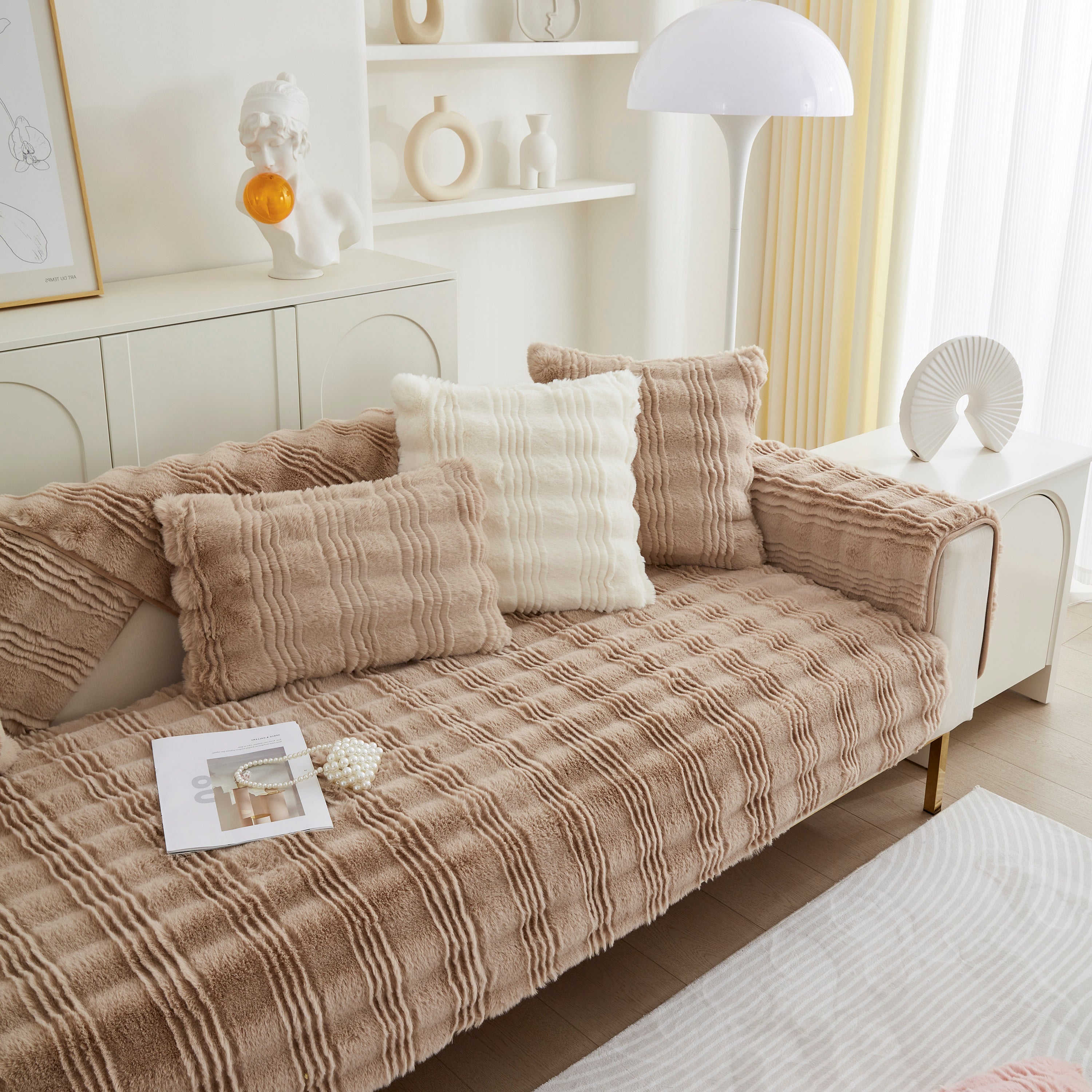 Soft Thick Faux Fur Sofa Cover Stripe Fluffy Fuzzy Non-slip Washable Couch Covers