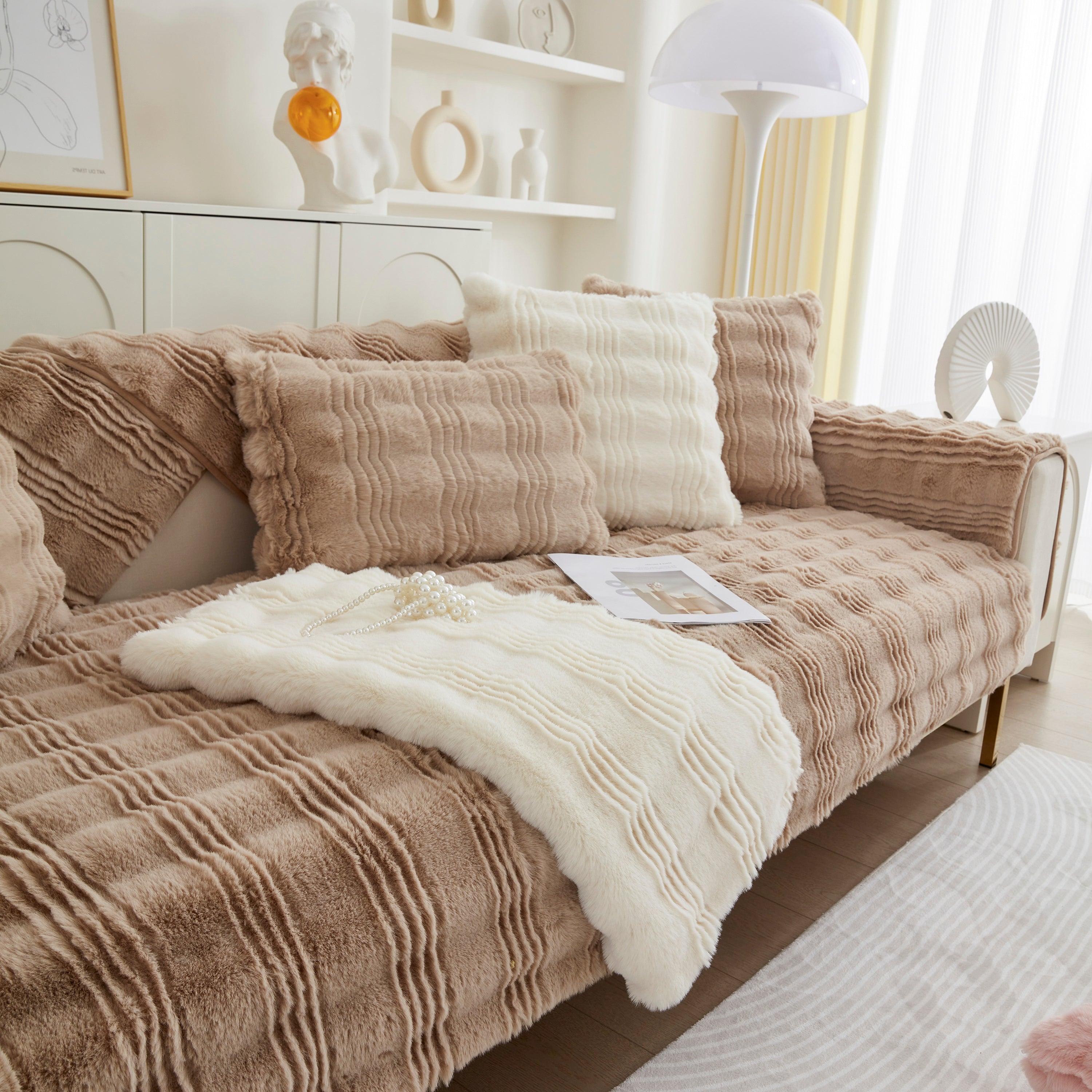Soft Thick Faux Fur Sofa Cover Stripe Fluffy Fuzzy Non-slip Washable Couch Covers