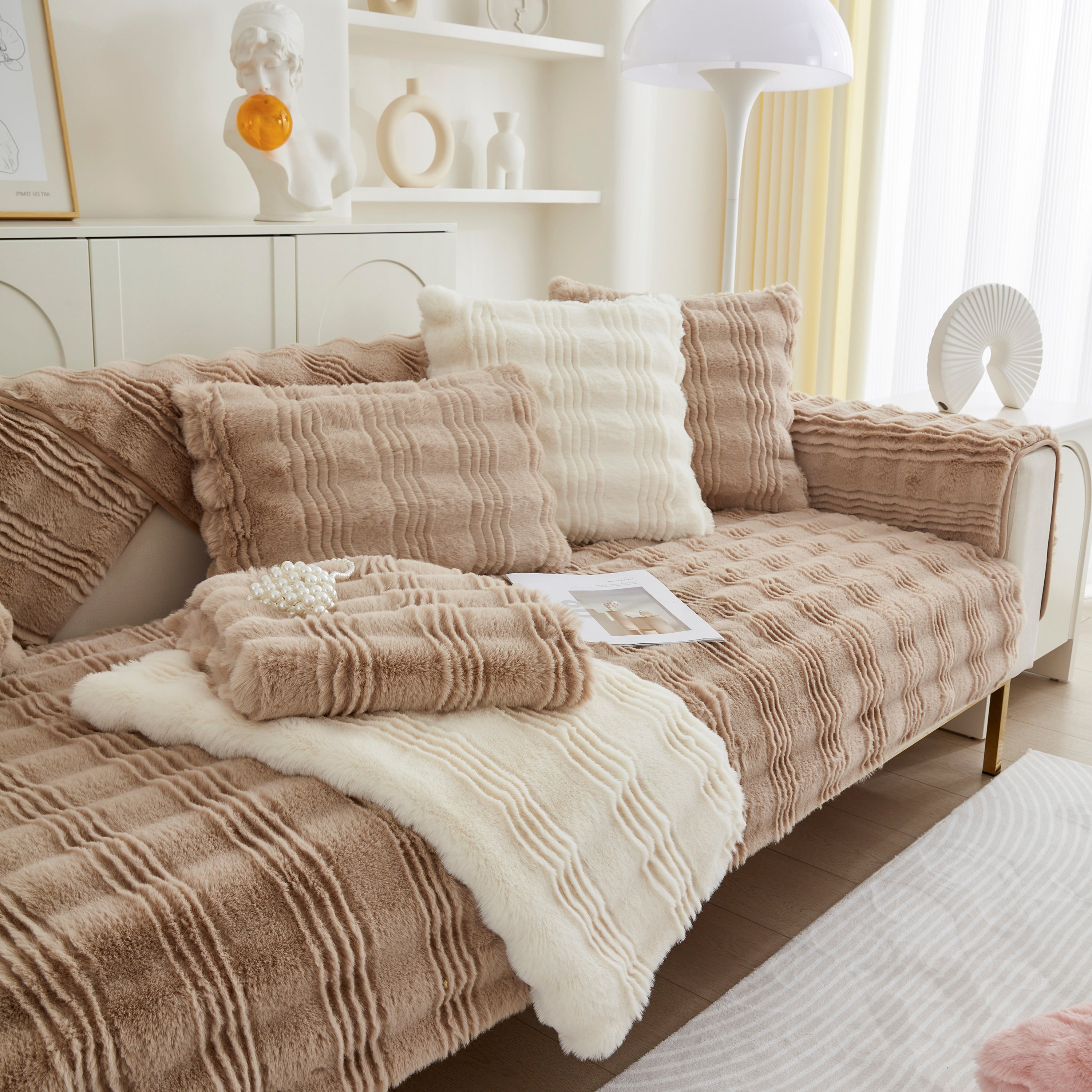 Soft Thick Faux Fur Sofa Cover Stripe Fluffy Fuzzy Non-slip Washable Couch Covers