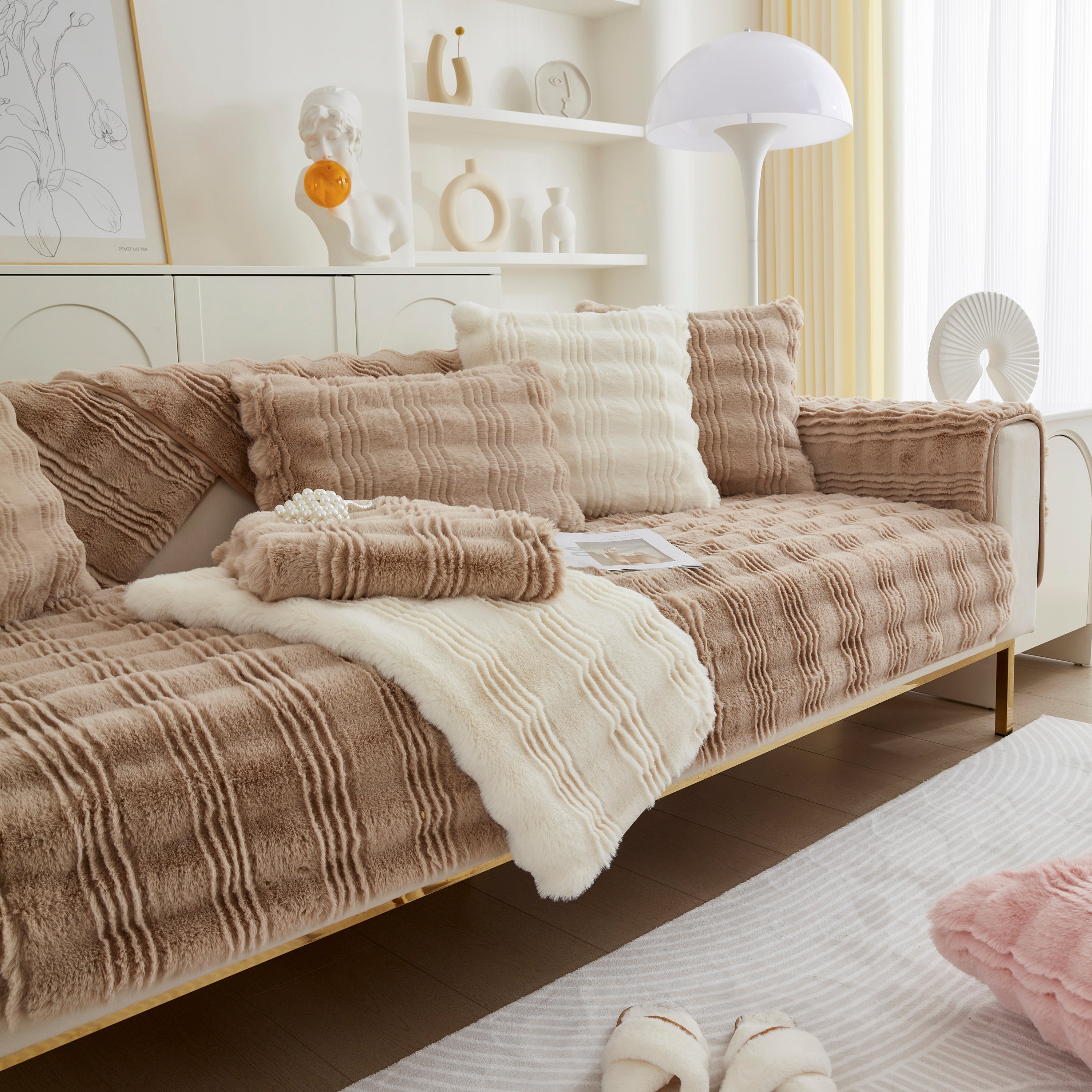Soft Thick Faux Fur Sofa Cover Stripe Fluffy Fuzzy Non-slip Washable Couch Covers