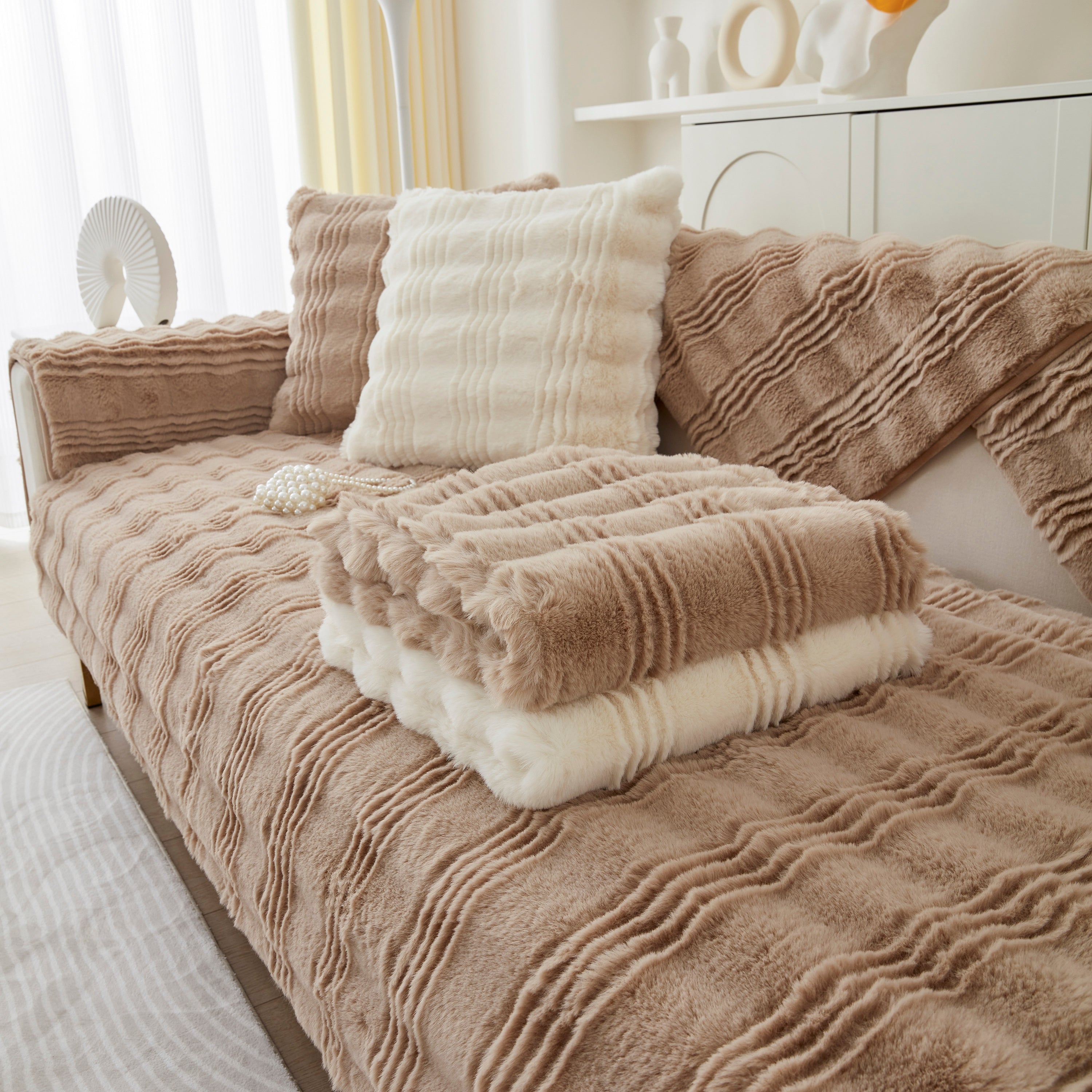 Soft Thick Faux Fur Sofa Cover Stripe Fluffy Fuzzy Non-slip Washable Couch Covers