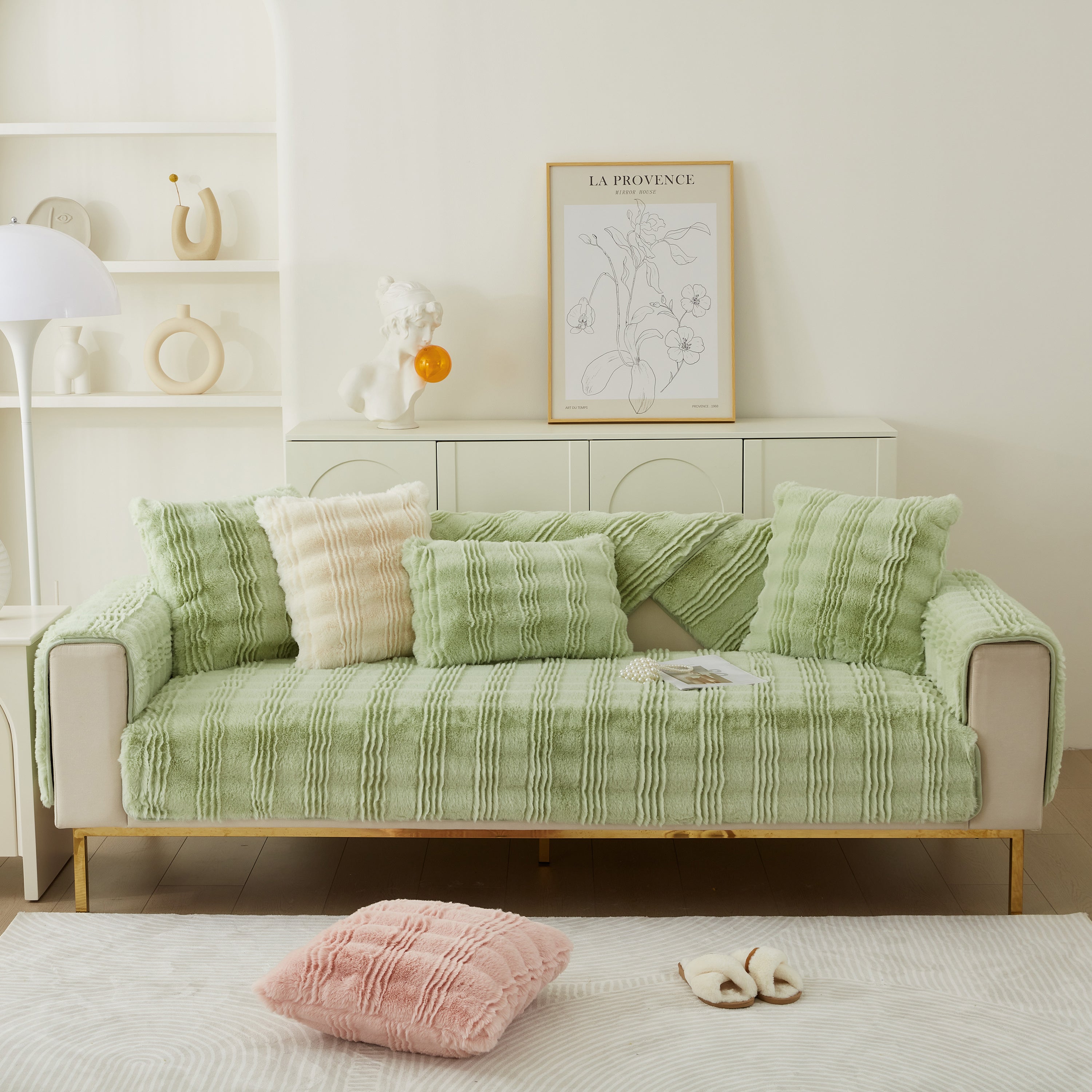 Soft Thick Faux Fur Sofa Cover Stripe Fluffy Fuzzy Non-slip Washable Couch Covers
