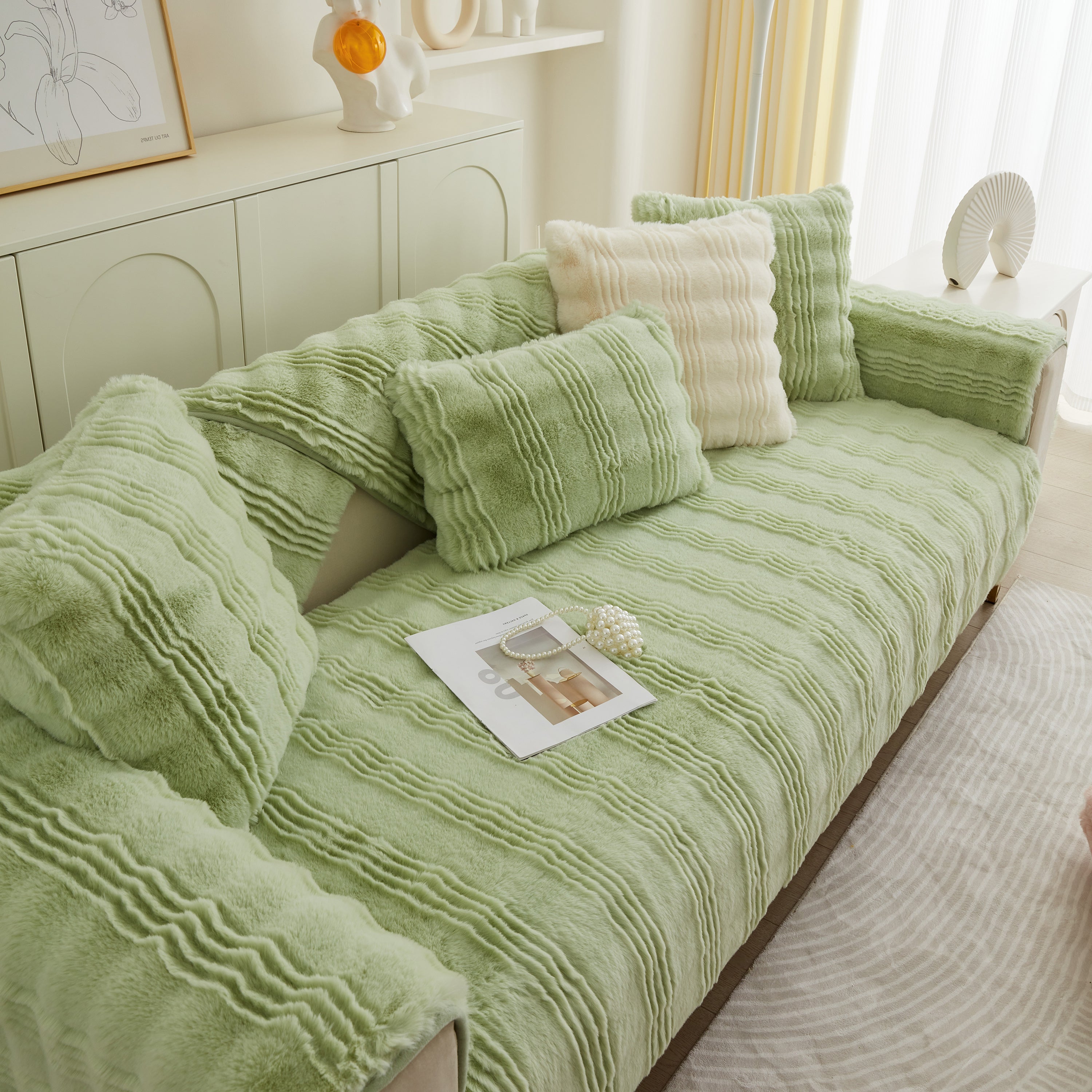 Soft Thick Faux Fur Sofa Cover Stripe Fluffy Fuzzy Non-slip Washable Couch Covers