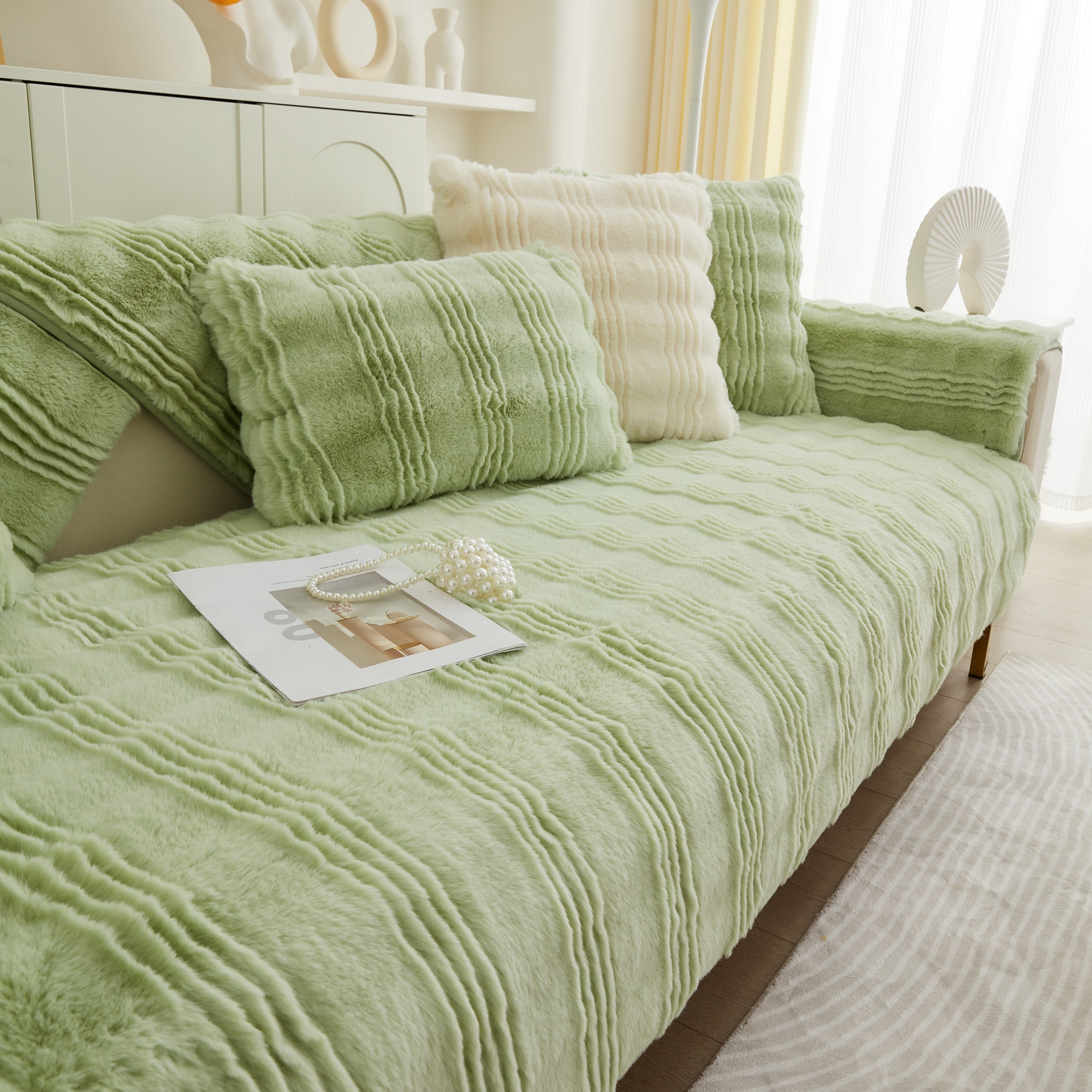 Soft Thick Faux Fur Sofa Cover Stripe Fluffy Fuzzy Non-slip Washable Couch Covers
